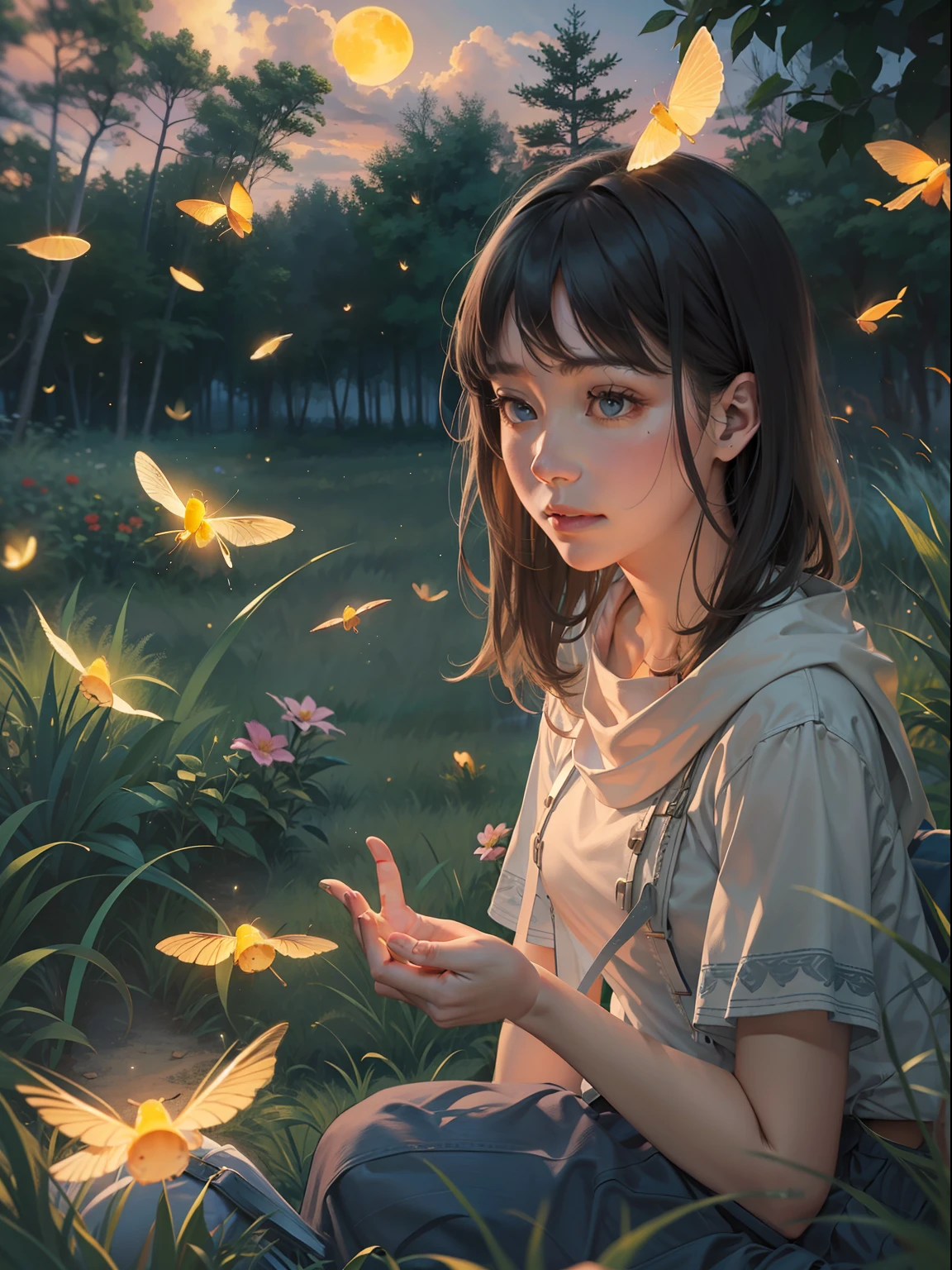 bit girl,There are large tracts of fireflies,Summer is coming to an end,On the lawn,evening light,Skysky,Faraway view,Hand detail,detail in face,plethora of colors