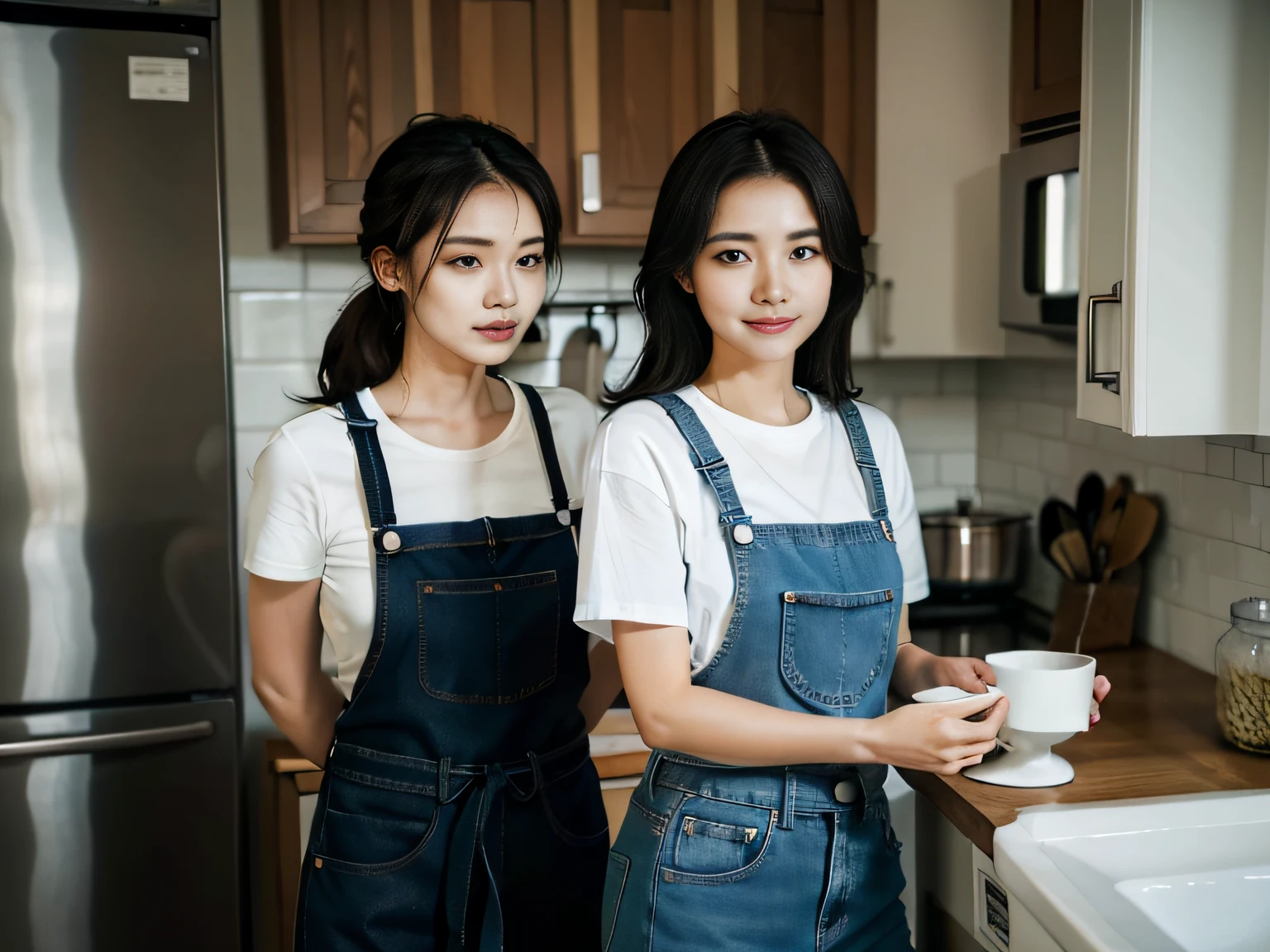 2 women,at the kitchen,Wear a T-shirt、Jeans and aprons,Focus on washing dishes,The face is the focal point。