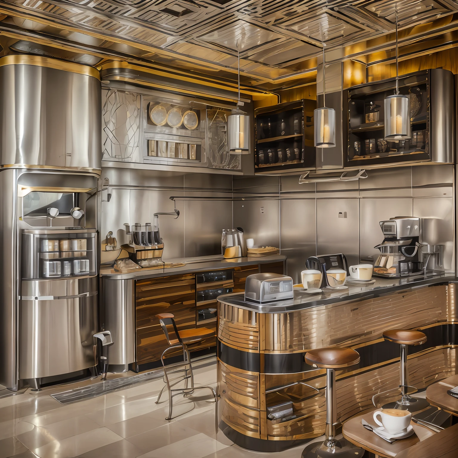 Coffee shop , art deco style , stainless steel , day light , luxury , minimalism design , hd 8k , details , light warm-up, sharpen details 8k, fullcolor , coffee machine