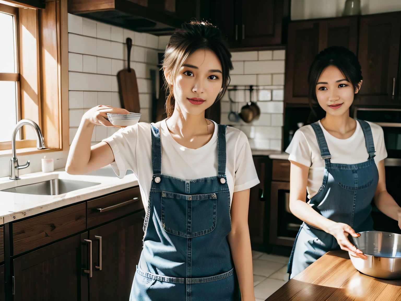 2 women，at the kitchen，Wear a T-shirt、Jeans and aprons，Focus on washing dishes，The face is the focal point。