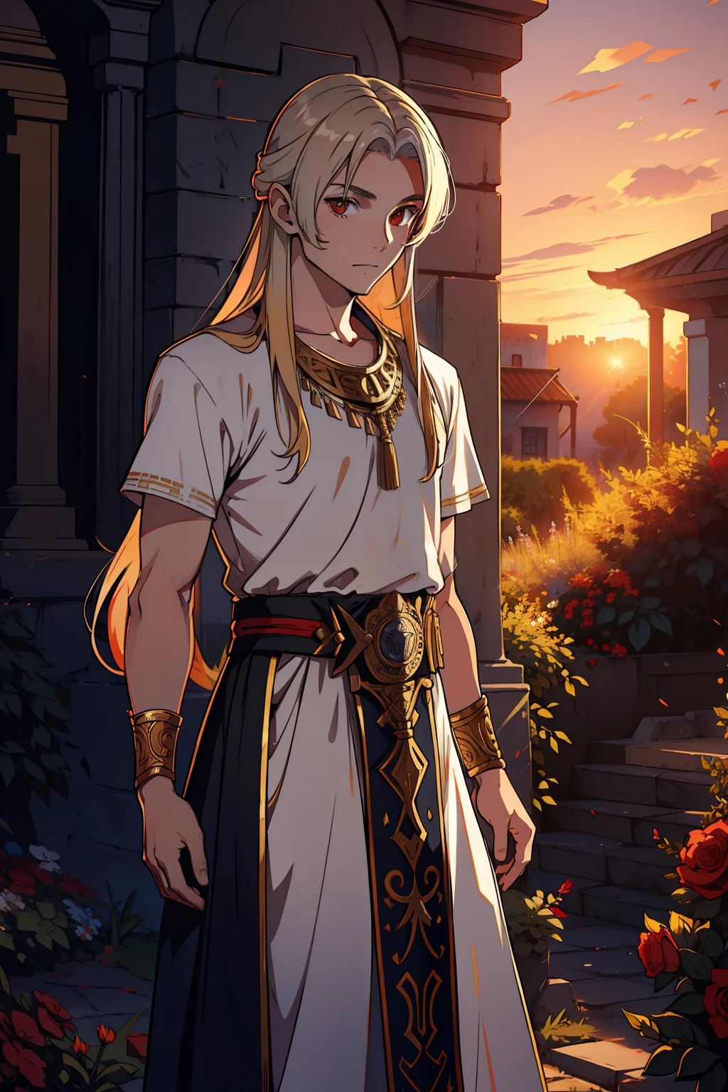 young boy, blonde hair, long hair, silver cronw, red eye, roman king clothes, in a garden, sunset, 4k