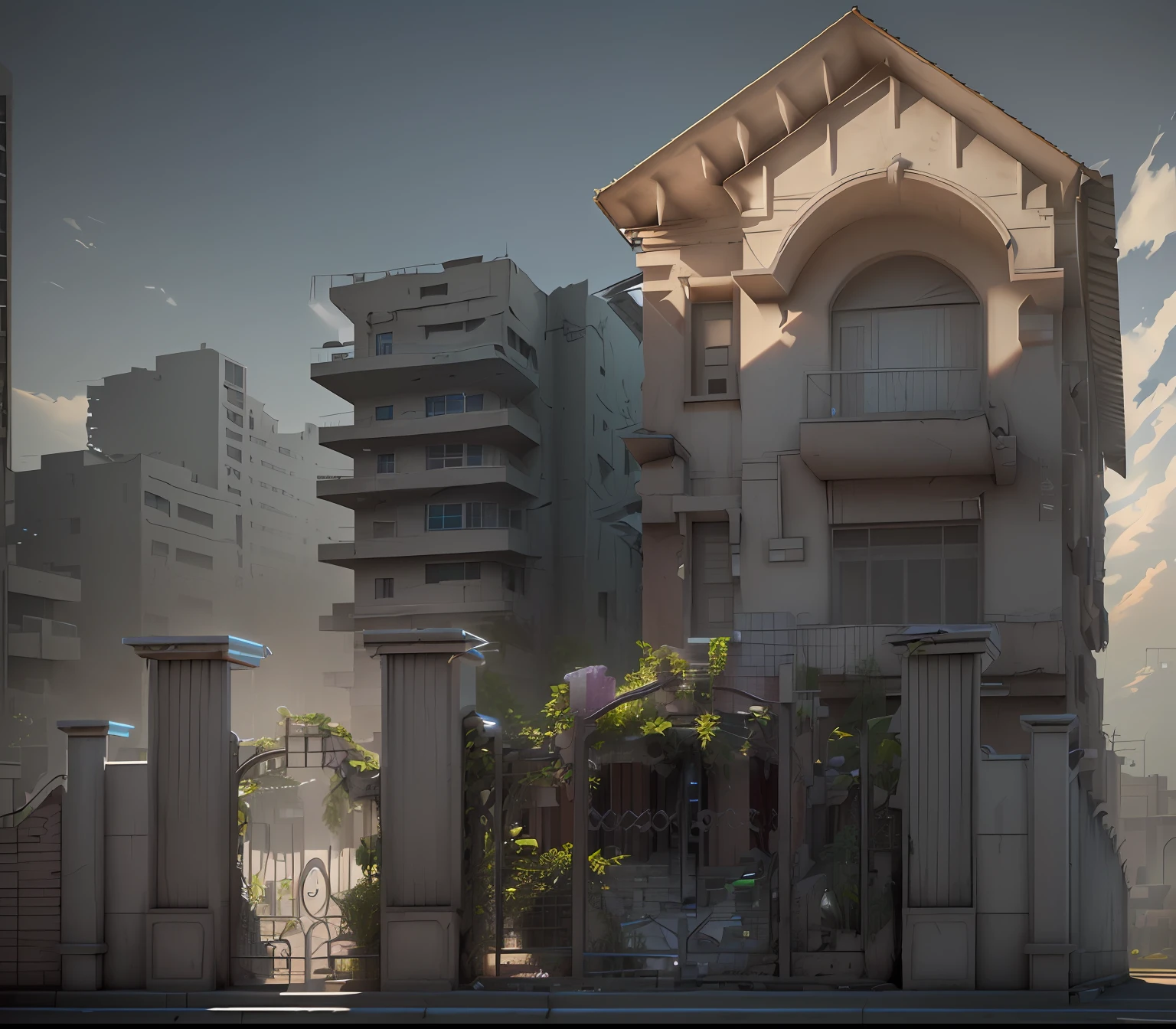 3D model HD rendering, building rendering, right Angle isometric view, 45 degree Angle, (grey background), high detail, film, global lighting, reality lighting, Unreal Engine rendering, Substance 3D, Octane rendering, (hdr:1.3), (Indian ghetto architecture), Crash, combat damage style, overgrown weeds