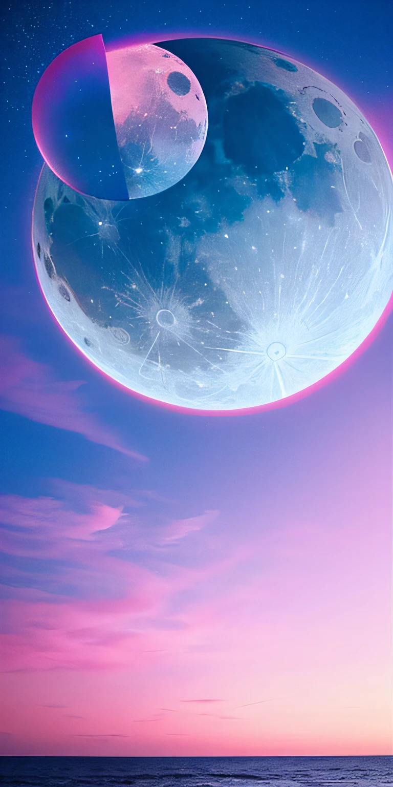 Pink moon, pink sky, soft pink clouds, pink ocean waves sparkling, sparkling, pink roses on pink ocean, fantasy, diamond, crown, universe, soft lights,