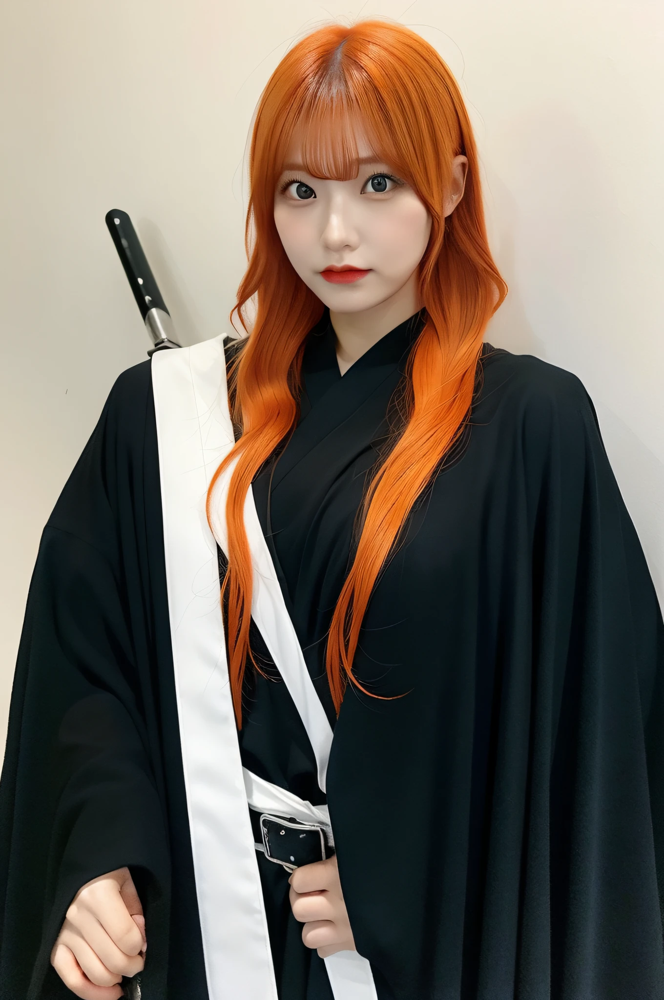 Create photorealistic images in 16:9 ratios cosplay by idol Eri Kamei as Ichigo Kurosaki of BLEACH. She should have orange hair, Wearing a black Grim Reaper costume, Has a big sword、While maintaining a high level of realism、It is necessary to emphasize her cute appearance.