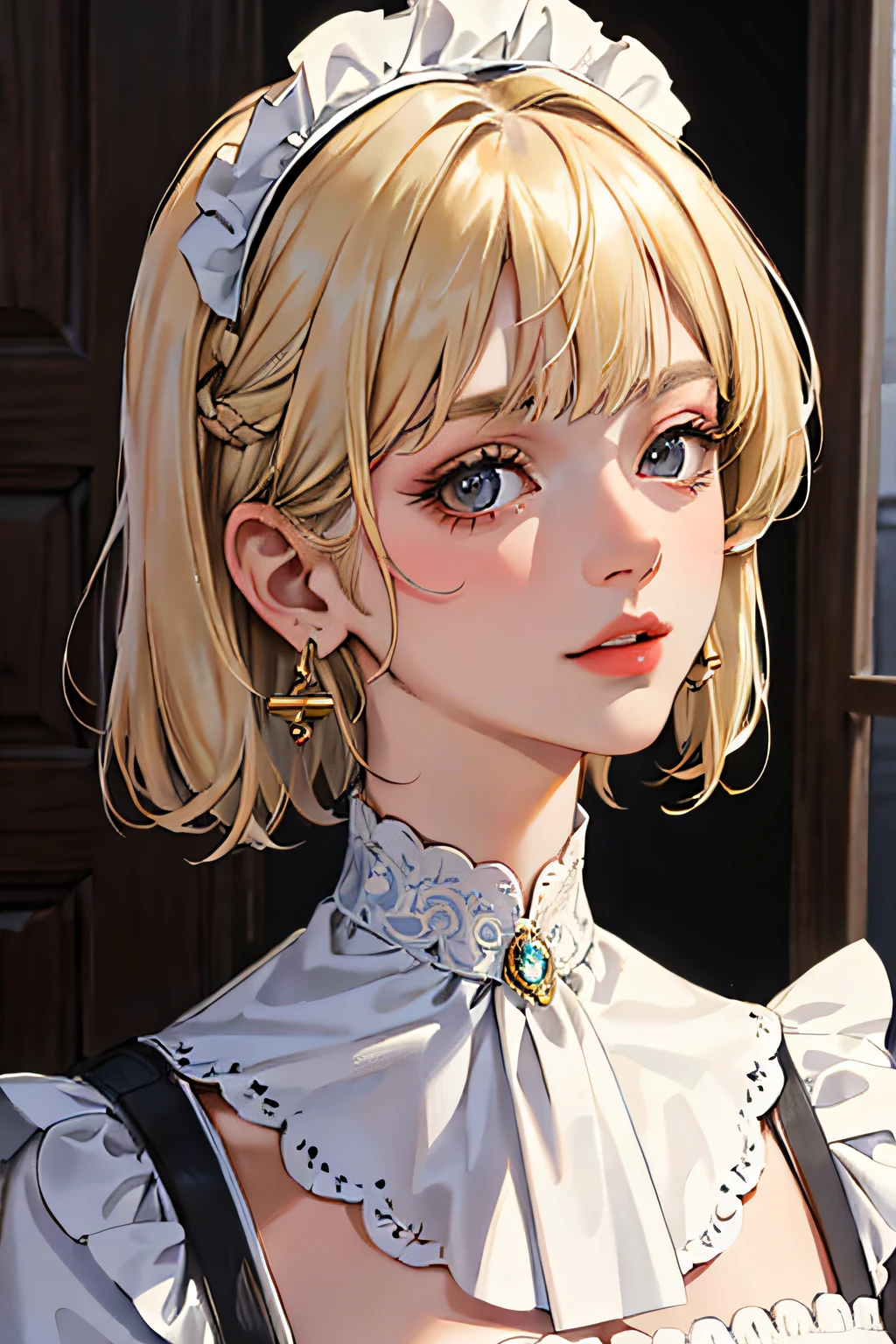 (masterpiece:1.2, best quality), (real photo, intricate details), solo, 1milf, house, close-up of face, maid outfit, (front focus), large round earrings , Look at me, bangs, short hair, blonde hair, layered hair