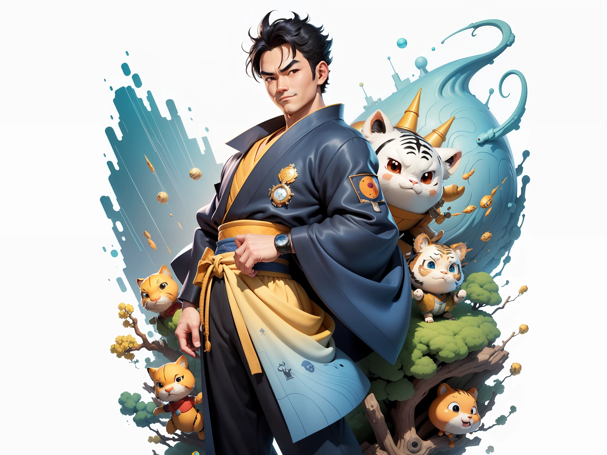 (Masterpiece), (Excellent), (Super Meticulous), (Full Body: 1.2), Super Young Man, Oriental Face, Japanese Kimono, Japanese Wind Thunder God, Dragon, Tiger, TV Anchor, Bust Portrait Illustration, Alone, Black Suit, Blue Tie, Slightly Chubby Face, Very Clean Face, No Beard, Black Super Short Hair, Black Eyes, Confident Smile, 3c Computer Sub-Products, iPad, iPhone, Digital Painting, 3D Character Design by Akira Toriyama and Mark Claireden and Pixar and Hayao Miyazaki, The illustration is a high-definition illustration in 4K resolution with very detailed facial features and cartoon-style visuals.