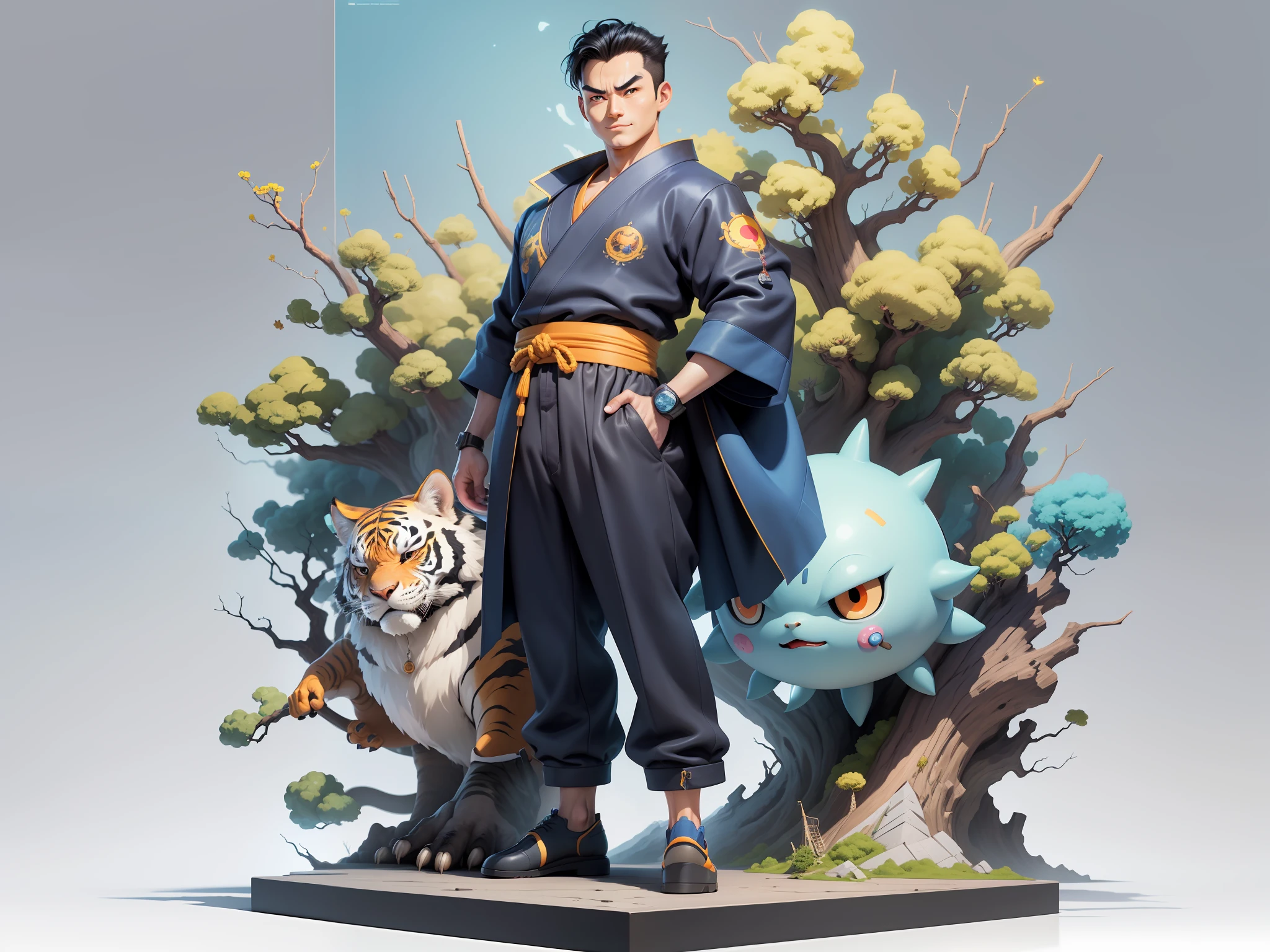 (Masterpiece), (Excellent), (Super Meticulous), (Full Body: 1.2), Super Young Man, Oriental Face, Japanese Kimono, Japanese Wind Thunder God, Dragon, Tiger, TV Anchor, Bust Portrait Illustration, Alone, Black Suit, Blue Tie, Slightly Chubby Face, Very Clean Face, No Beard, Black Super Short Hair, Black Eyes, Confident Smile, 3c Computer Sub-Products, iPad, iPhone, Digital Painting, 3D Character Design by Akira Toriyama and Mark Claireden and Pixar and Hayao Miyazaki, The illustration is a high-definition illustration in 4K resolution with very detailed facial features and cartoon-style visuals.