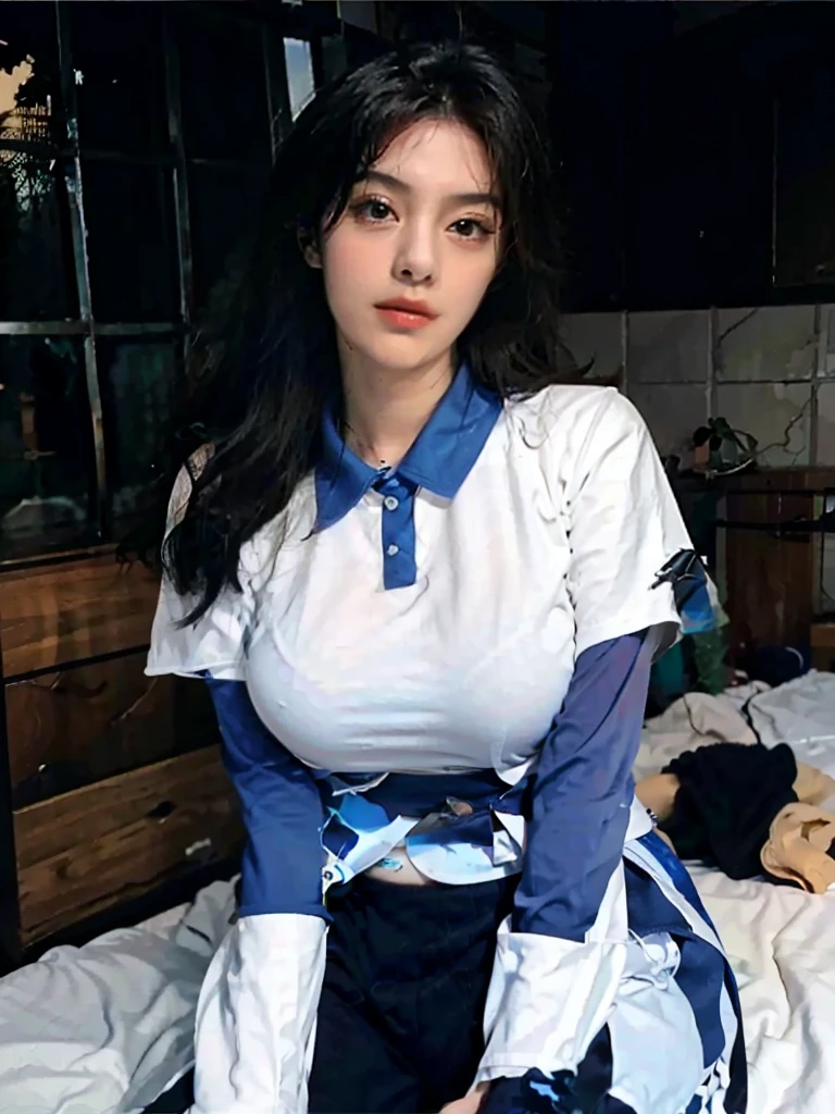 (((( 8k,best qualtiy, Ultra photo realsisim, super detailing,Extreme detail:10)))),White shirt with blue collar:1.5, Black sweatpants :1.5(Large of breast, Narrow waist), cabelos preto e longos, Lie down in bed, Bokeh, Beautiful lighting, Shiny skin,An amazing woman,Has an extremely curved body、Huge and deep,Will leave you breathless,adolable,Expose the waist and lower breasts,extremely huge breast:1.6,slim,Bigboobs,huge boob,(((Large breasts))),(Absurd big breasts:1.5),((huge tit)),(((gigantic cleavage breasts))),lying on one's side on bed,spread their legs