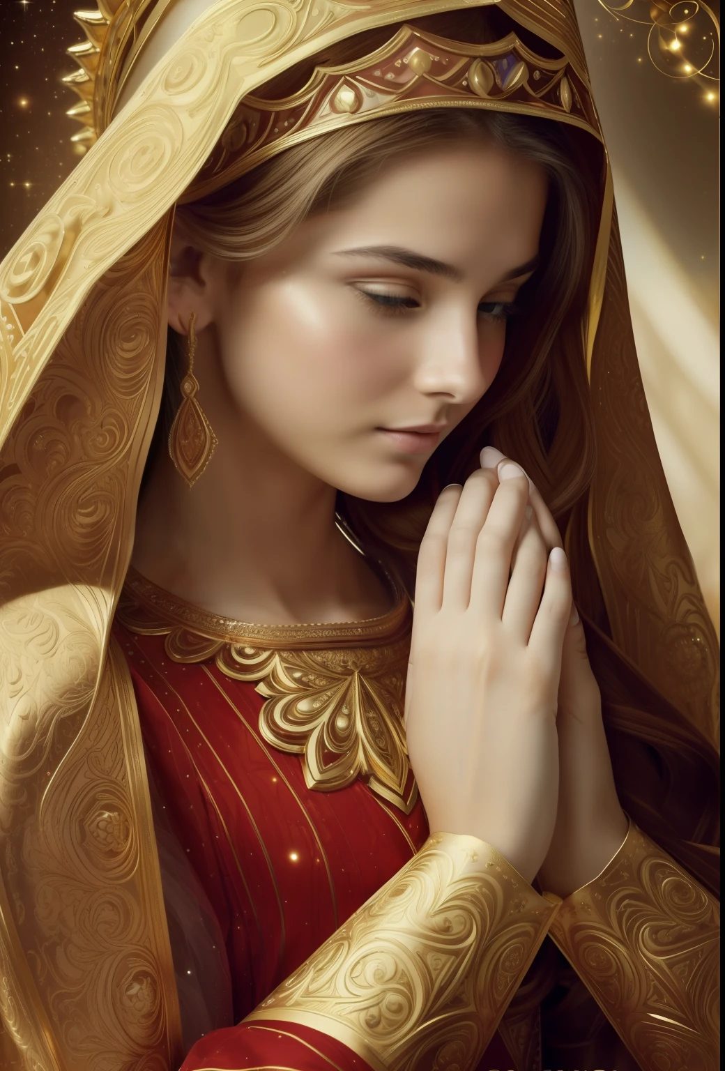 ((Blessed Virgin Mary. 19 years old))) ((( Con una cara seria y piadosa. Con una mirada dulce y tierna))) (obra maestra, calidad superior, mejor calidad, arte oficial, beautiful and aesthetic: 1.2), (1girl), extremadamente detallado, (Arte fractal: 1.3), colorido, highest detailed, Cara perfecta, parte superior del cuerpo, HDR, (orando: 1.3), (golden lines of white coat: 1.2), galaxia, (rayas de luz), eye-catching visuals, (dynamic stripes, senderos luminosos: 1.2), colores vibrantes,