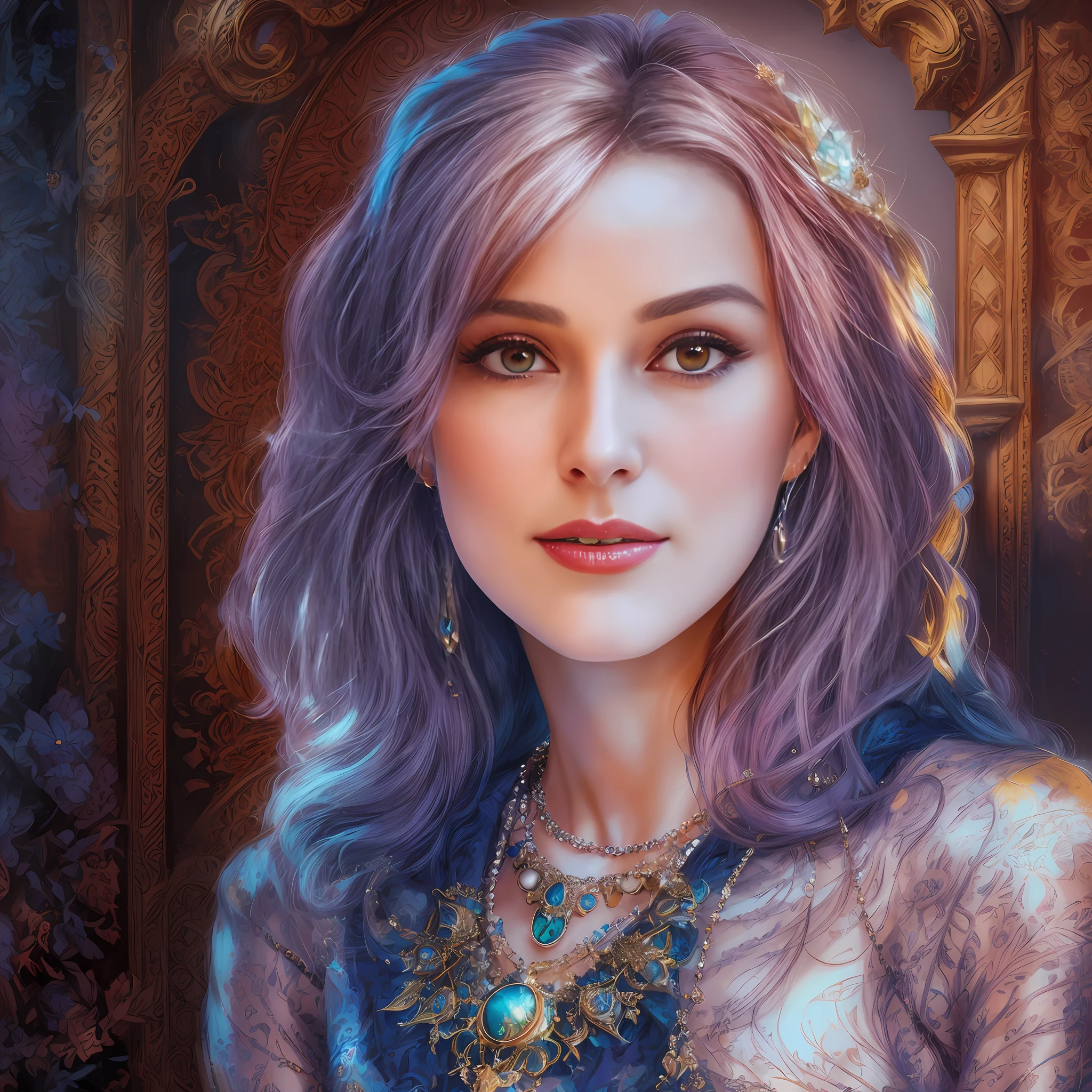There is a digital image of a woman with a necklace and earrings, detailed character portrait, Masterpiece! Portrait of Arwen, Detailed beautiful portrait, Character portrait, beautiful character painting, fantasy art portrait, Detailed matte fantasy portrait, fantasy character portrait, fantasy portrait art, Character portrait, fantasy portrait, beautiful fantasy art portrait, graphic artist magali villeneuve
