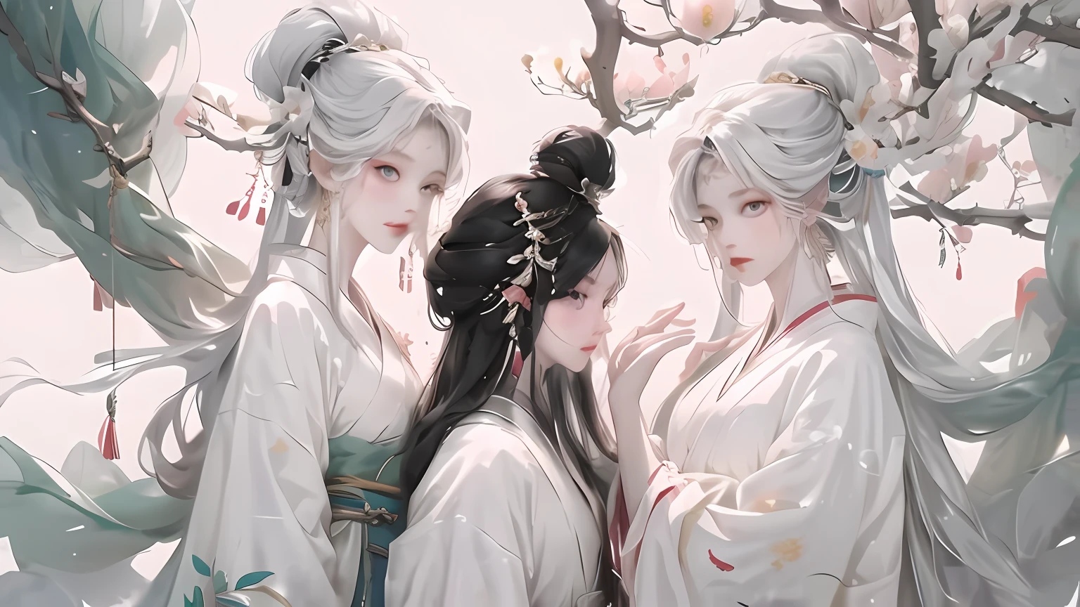 Three women in white dresses stood side by side, Guviz, Guviz-style artwork, guweiz masterpiece, trending on cgstation, White Hanfu, flowing hair and long robes, flowing white robe, ancient chinese beauti, Guweiz in Pixiv ArtStation, Guweiz on ArtStation Pixiv