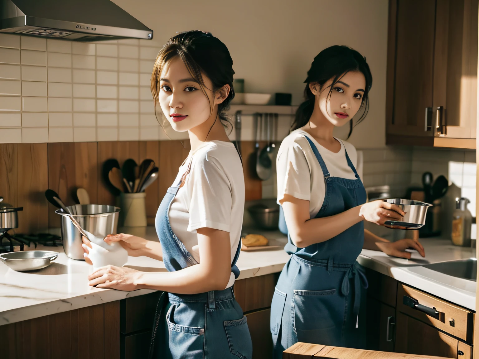 2 women，at the kitchen，Wear a T-shirt、Jeans and aprons，Focus on washing dishes，The face is the focal point。