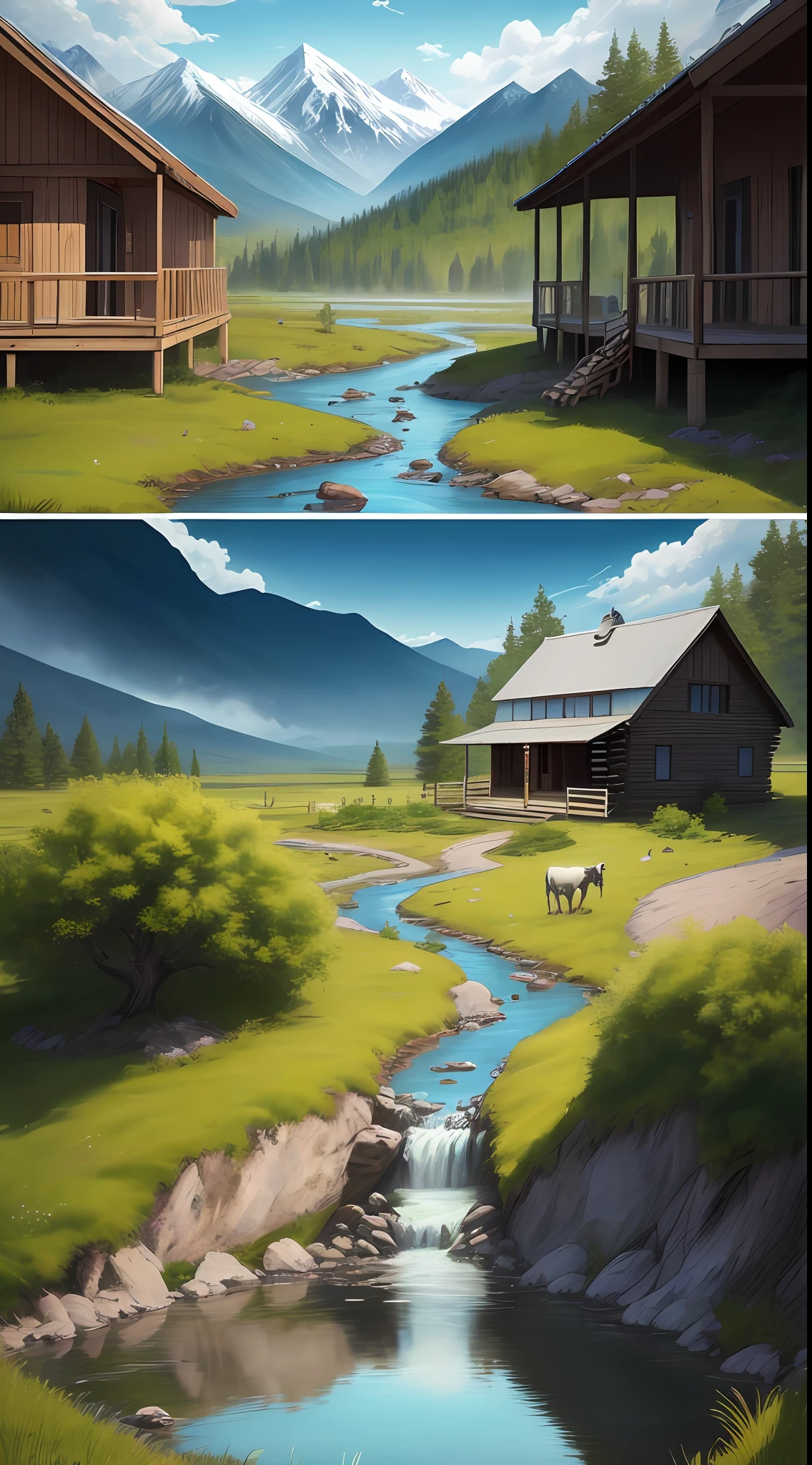 Anime landscape painting，Blue sky and white clouds are essential elements，Their bright colors add vibrancy to the picture。In this vast steppe，A clear stream meanders，The water glows dazzling in the sunlight，It gives a feeling of tranquility and comfort。The mountains in the distance are shrouded in clouds，It looks mysterious and spectacular。

In this landscape，There is also a log cabin where smoke is cooking，It gives a livable feeling。Next to a group of cute cows, sheep, pigs and dogs are grazing leisurely，Their presence adds to the spice of the painting。

Under the tree in front of the door，The family is sitting around a campfire enjoying a wild meal，They burst out laughing，It adds a homely atmosphere to the whole picture。This harmony、Natural picture，It makes people feel a sense of tranquility and relaxation。