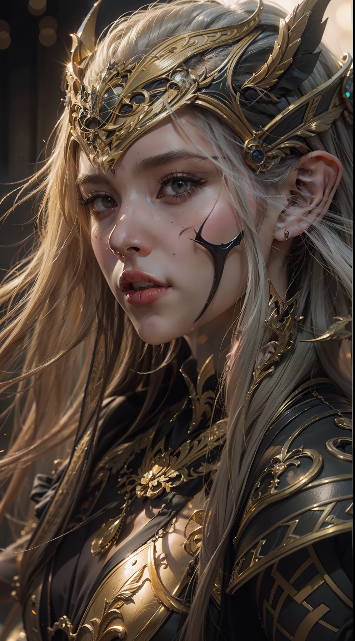 Beautiful painting of perfect female elf warrior, shapeless long hair, perfect features, (wearing black and gold ornate elven armor), abstract beauty, near perfection, pure form, dynamic pose, ethereal background, (deep dark shadows), (strong cinematic lighting), (back lighting), concept art by Greg Rutkowski and John William Waterhouse and Alphonse Mucha, intricate detail, 8k post-production, High resolution, super Detail, trending on ArtStation, sharp focus, depth of field f/1.8, studio photos, (((looking at camera))).