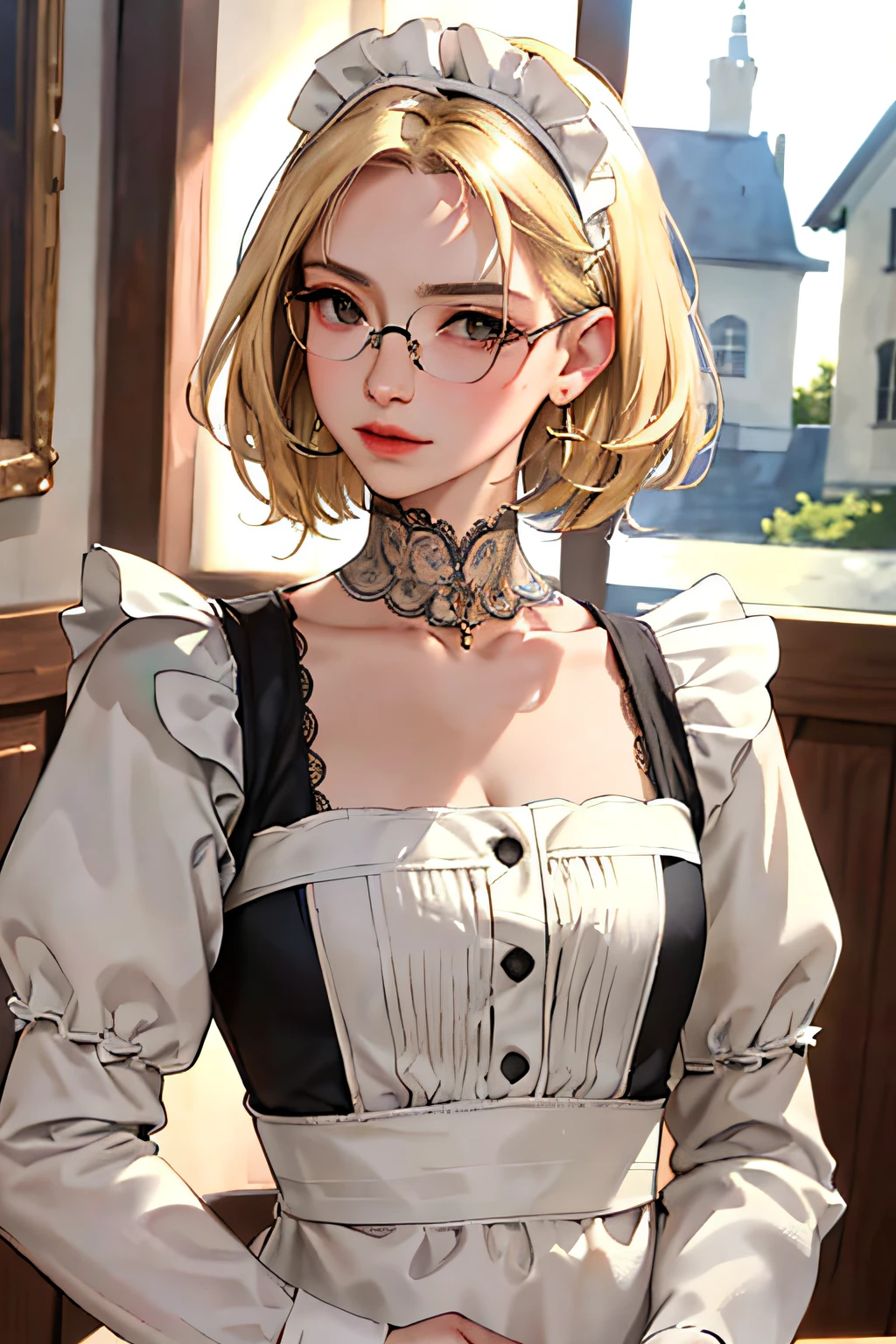 (masterpiece:1.2, best quality), (real photo, intricate details), solo, 1milf, house, close-up of face, maid outfit, (front focus), large round earrings , wears glasses, has a small mole under her eyelid right on her cheekbone, Look at me, bangs, short hair, blonde hair, layered hair