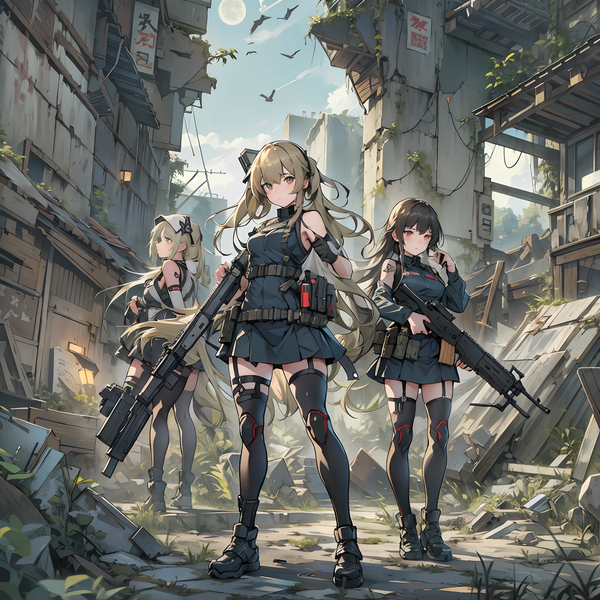 of anime standing in ruins３Man girl, girls frontline style, from girls frontline, Fine details. girls' frontline, girls' frontline, girls frontline cg, infantry girl, Women's Last Tour, soldier girl, M4 Sopmod II Girls Frontline, anime maid ss military, girls frontline universe, Mechanized soldier girl, Majora、lieutenant colonel、Girls Moon、Start of battle！