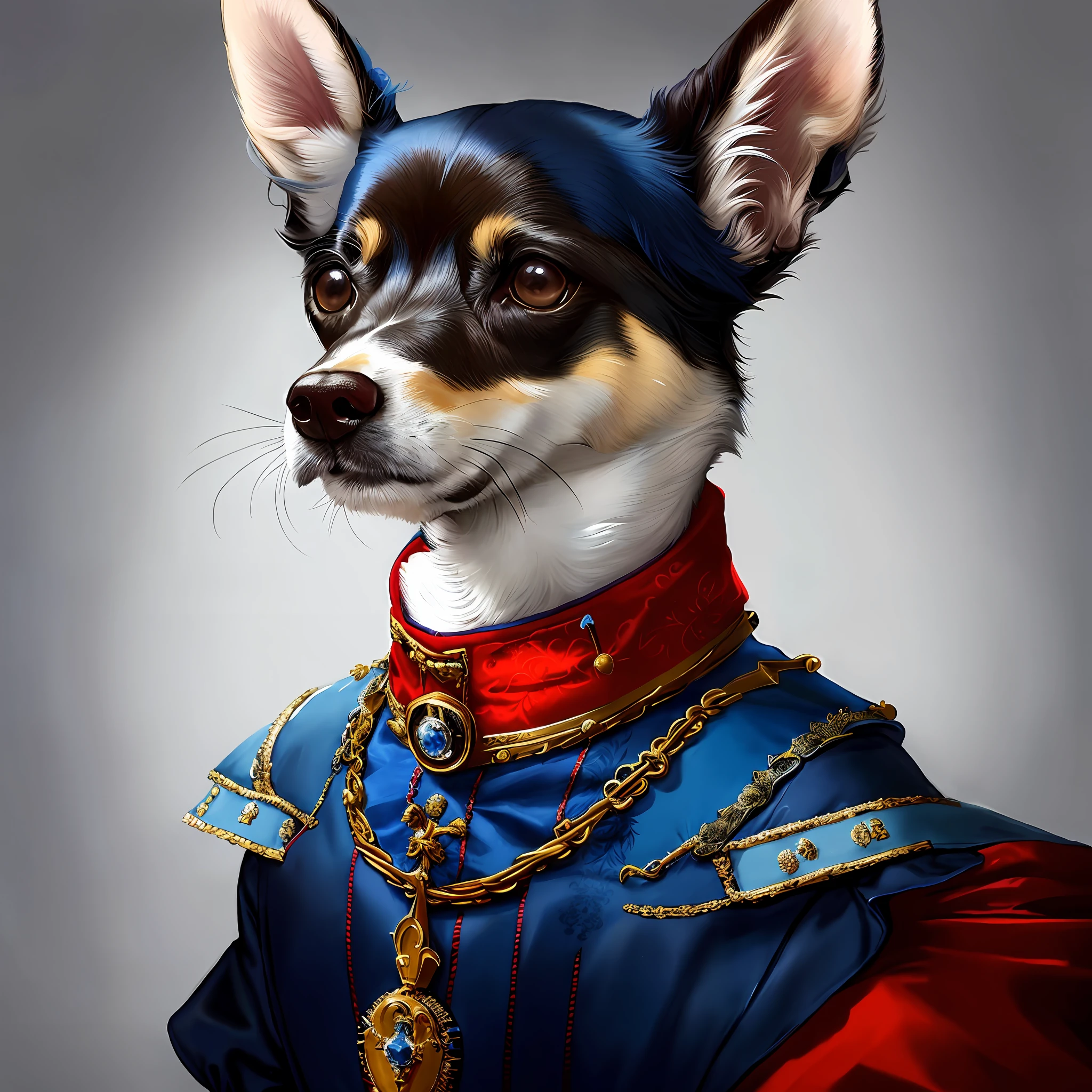 Arafed's Dog, dressed in a blue coat and red collar, Royal Portrait, High Quality Portrait, majesty in noble clothes, epic and classy portrait, A worthy aristocrat, Royal portraiture, award winning creature portrait, Imperial Portrait, masterpiece anthro portrait, Character portrait, Anthropomorphic dog, portrait of a dog, Portrait of the King