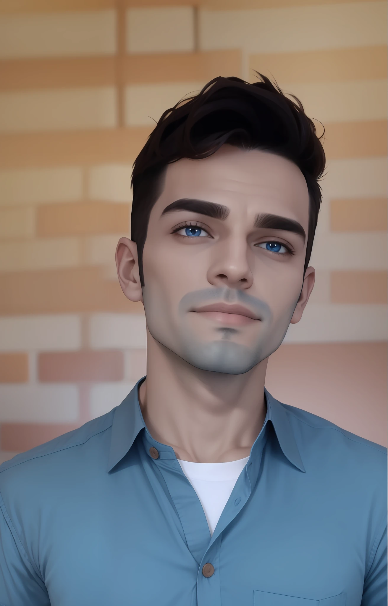Homem de 29 anos, Homem masculino, vestindo uma camisa azul, Face with facial expressions, ultra qualidade , olhos escuro, iris of the eye in brown color