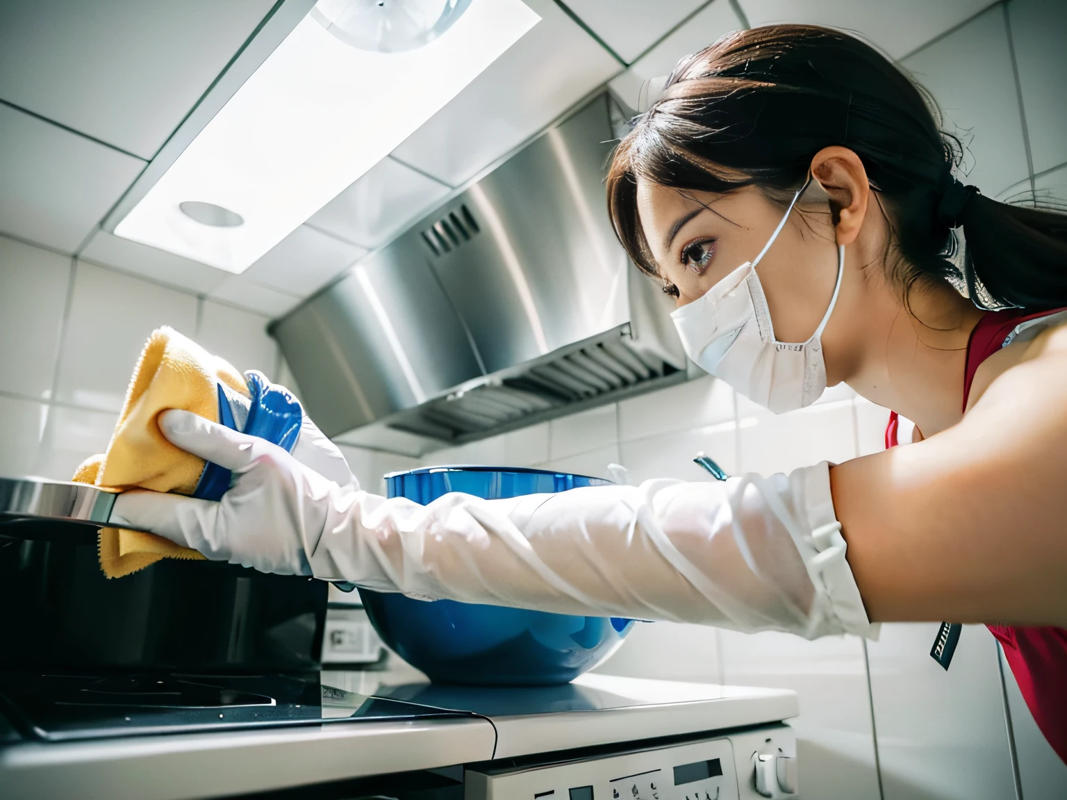 2 women,Wear latex gloves,Cleaning agent in hand,While cleaning the range hood,sface focus