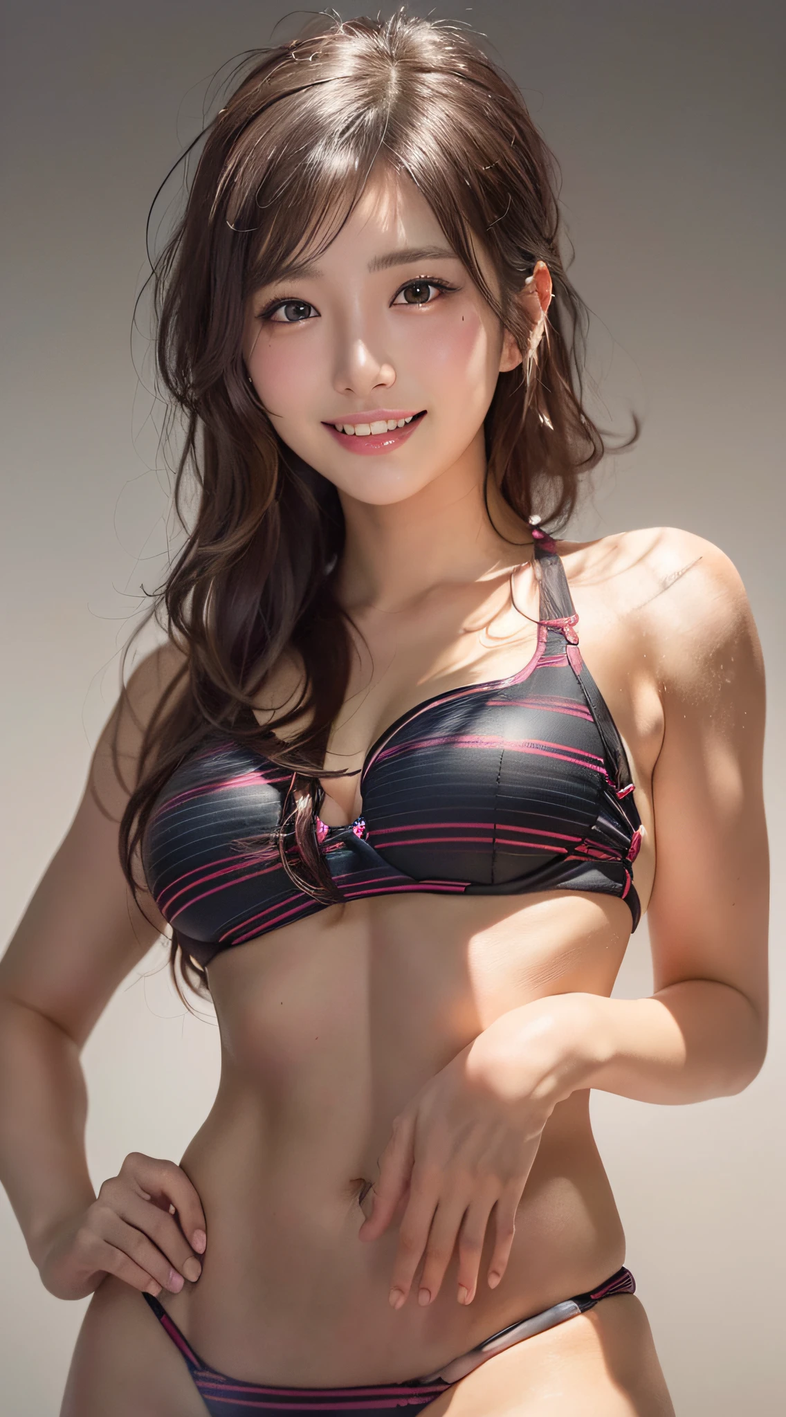 (Highest Quality, hyper-realistic, Super dense, very detailed illustration, Best image quality:1.4, very detailed illustration),
(sexy bikini), (1woman:1.3, solo),
(Upper body:1.3),
(Bun hair), (dark brown hair),
(Japanese, 18-year-old woman),
a smile