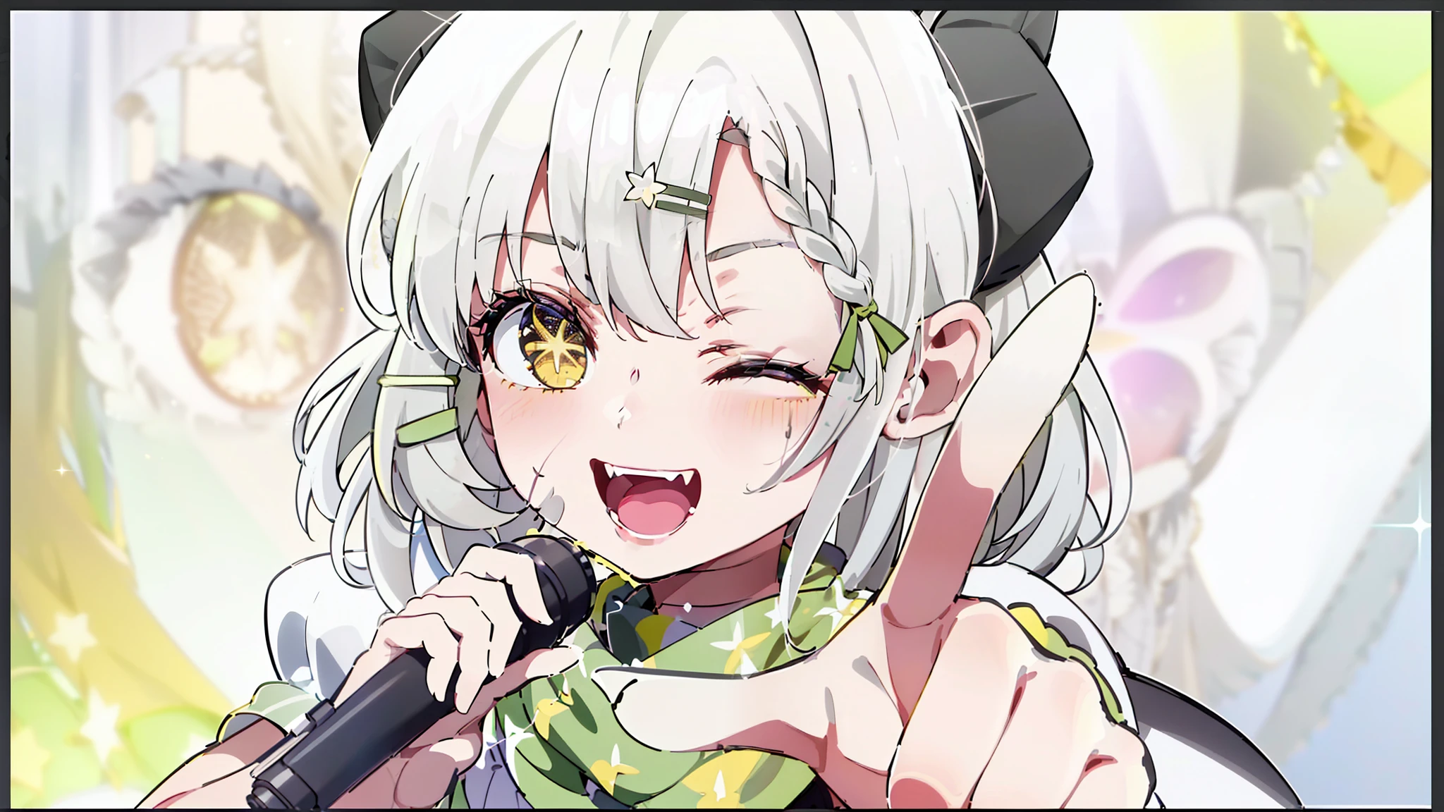 Masterpiece,Short hair,Shining eyes,(White idol costume),(A matcha-colored scarf:1.5), Dance, Sing, brilliance, be on stage,Green hair accessories, Stage, striated hair, Radiant eyes, mitts, Sing with your mouth open,(((White hair))), ahoge,((((french braid)))),(((((Dark gray corners))))),(((((Yellow eyes))))),(Handheld black microphone),(Golden light ),face,eye_Focus,((Singing)),aiming at viewer,((Point one finger at the viewer)),Striped hair, (Star-shaped pupils:1.4),(One eye closed:1.4),((((Green hairpins)))),(Scars on the face )