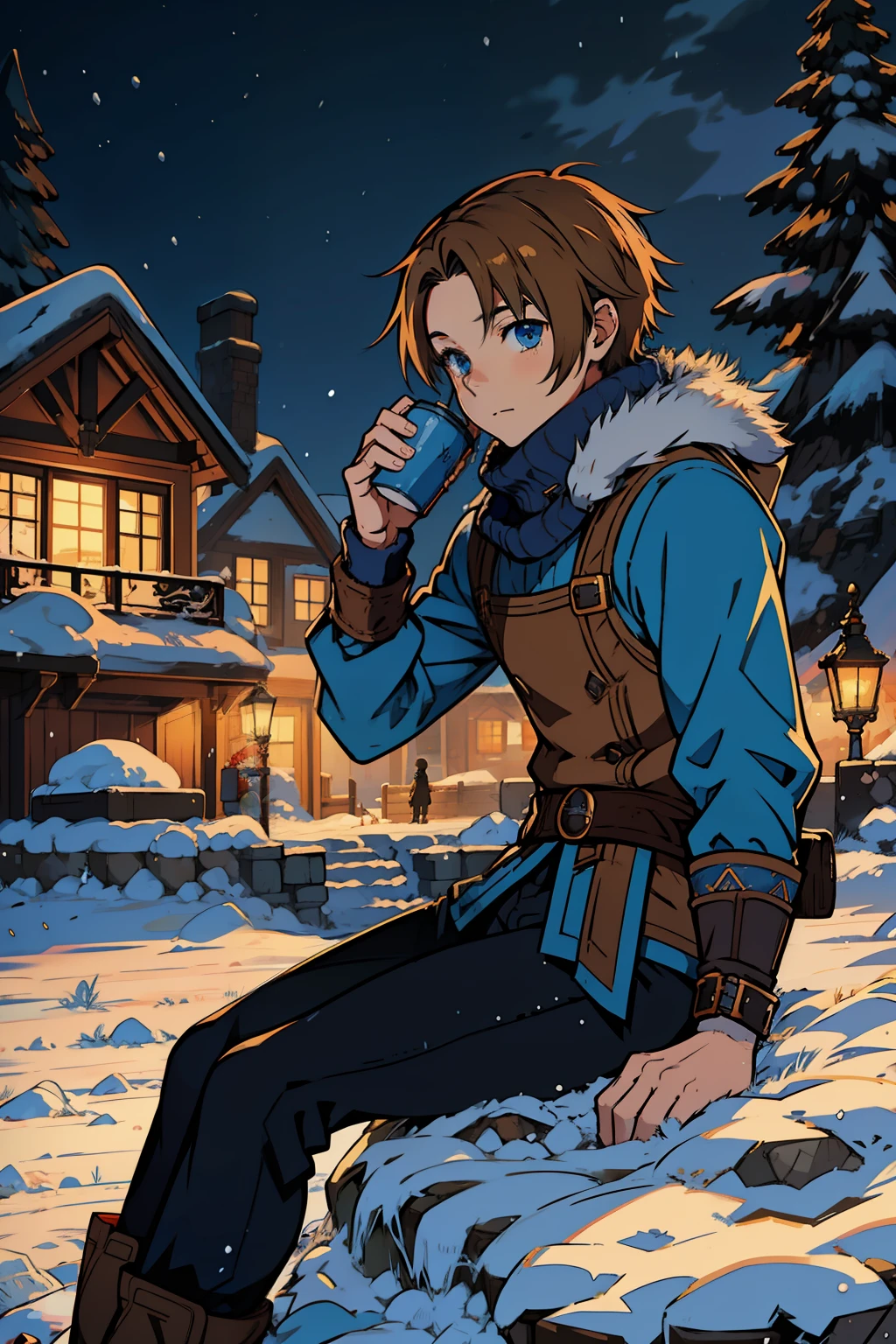 anime, final fantasy tactics style, young boy, brown fur, in the snow, cold clothes, blue sweater, black pants, in a snow village , blue snow, sitting on the ground, drinking coffee, 4k