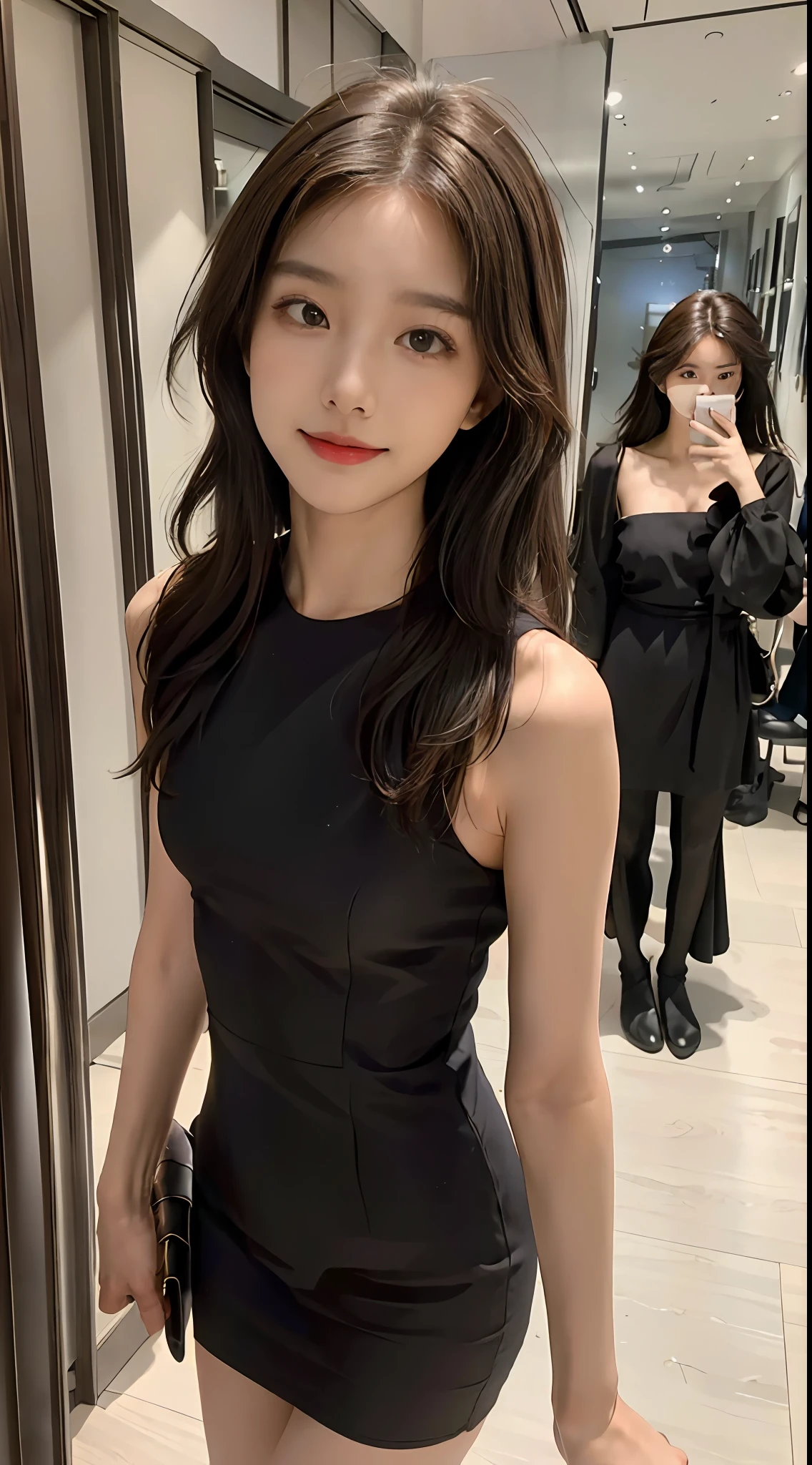 ((Best picture quality, 8K, tmasterpiece: 1.3)), self-shot, Sharp focus: 1.2, A cute beauty with a perfect figure: 1.4, slim, ((Brown hair black)) , (Small flesh-colored dress,Highly detailed face,Happy expression,standing on your feet:1.2),((The city of blue skies,simple bedrooms:1.3. Produced with a major focus on women)),Highly detailed facial and skin texture,Detailed eyes,二重まぶた