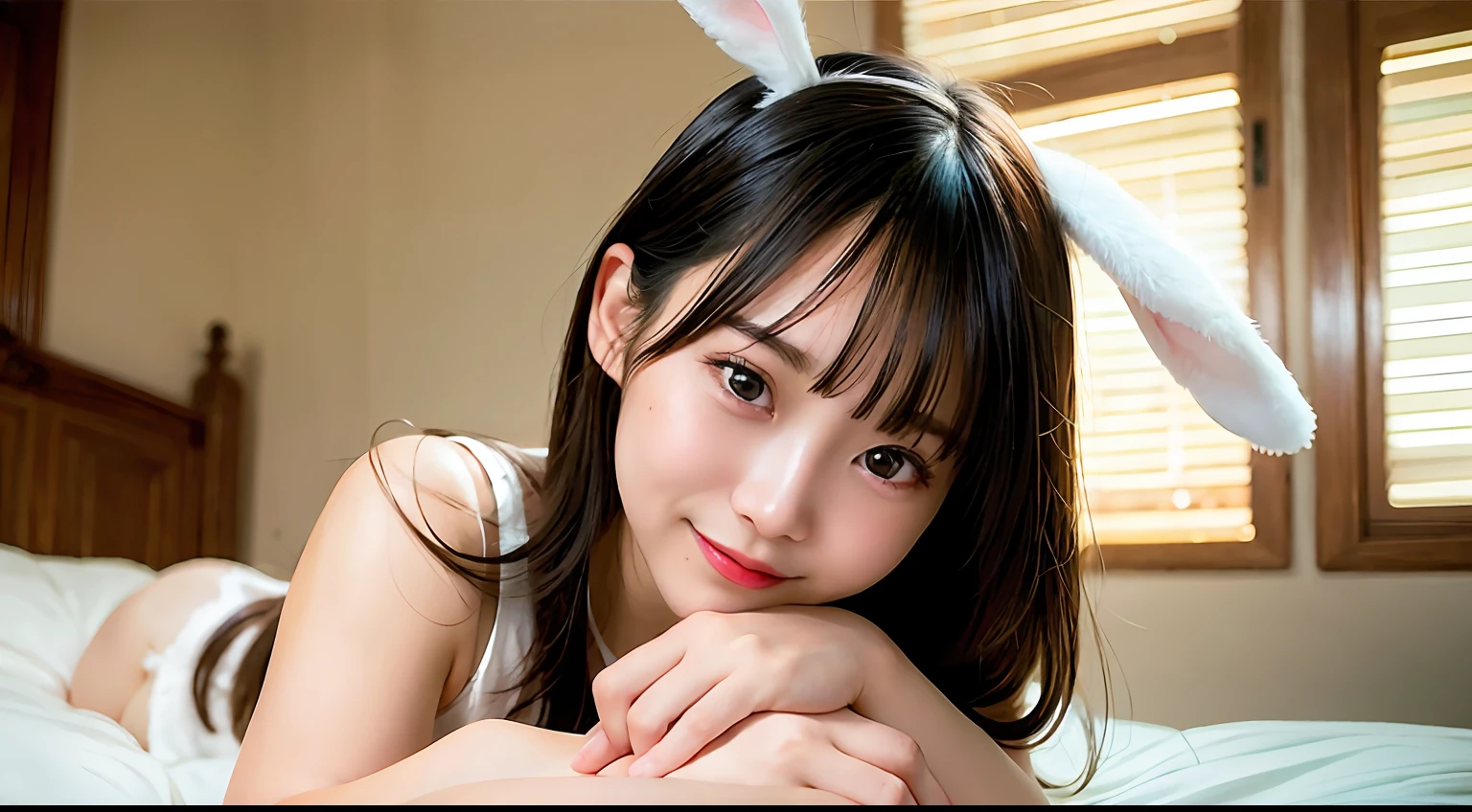 (Raw photography:1.2)、top-quality、a beautiful detailed girl、(bunnygirl:1.2)、A smile、extremely detailed eye and face、beatiful detailed eyes、huge filesize、hight resolution、hight resolution、8k wallpaper、finely detail、Highly detailed ticker uniform 8K wallpaper、Light on the Face、电影灯光、****************、sexy  pose、(photorealisim:1.4)、illustratio、surrealism、 frombelow、super detailing、​masterpiece、fishnets pantyhose、Lying in bed