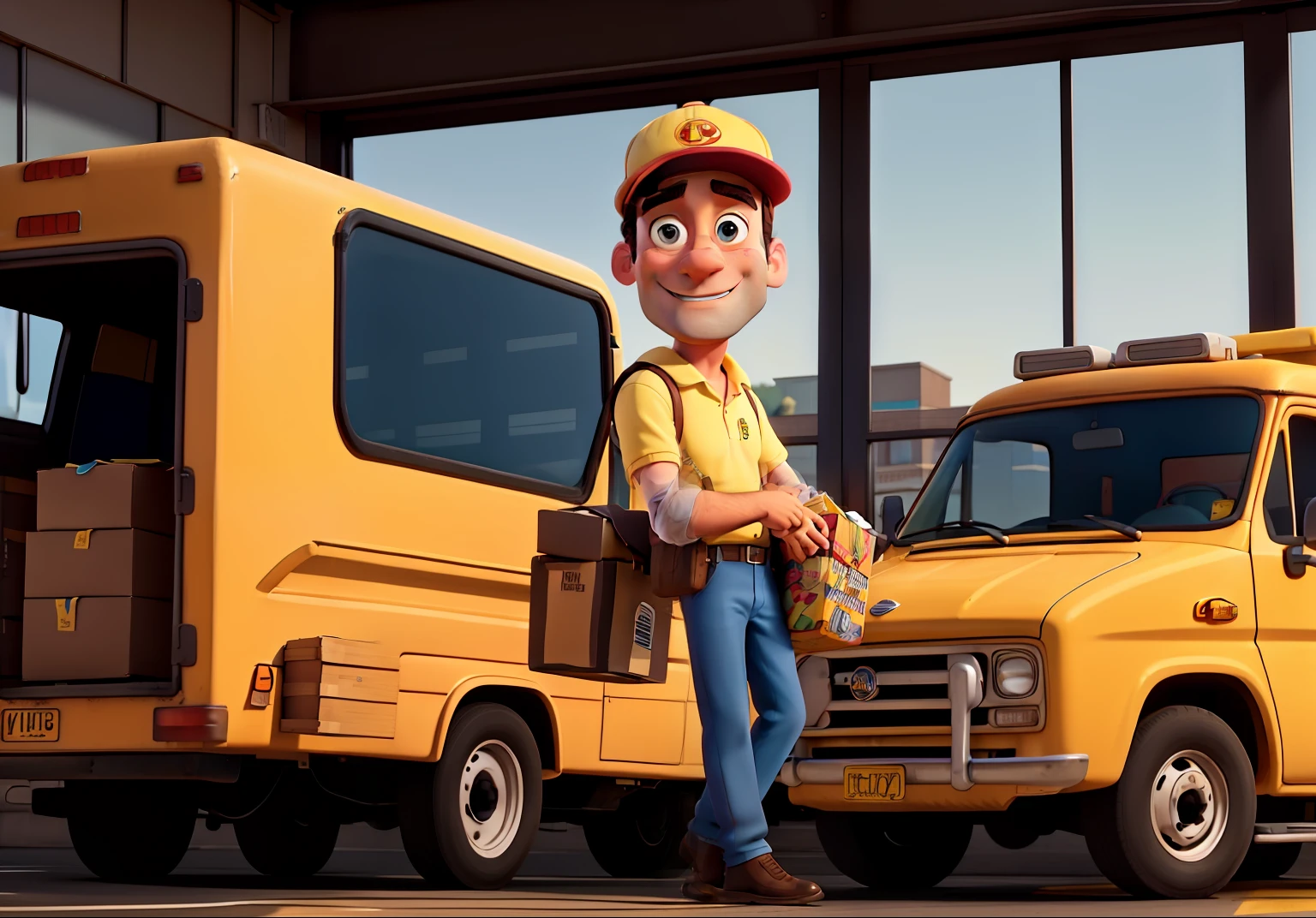 Jon Hamm cartoon dressed as a delivery man with a cap on his head and in front of a yellow van, holding a box with both hands and smiling.