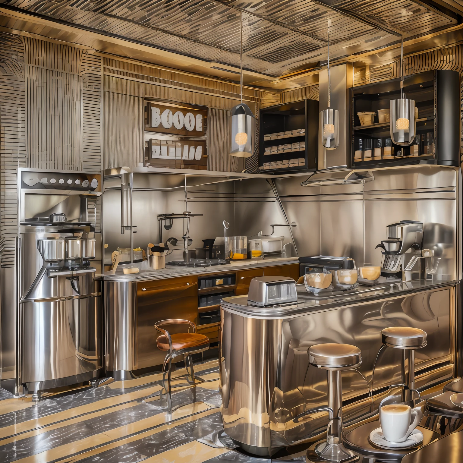 Coffee shop , art deco style , stainless steel , day light , luxury , minimalism design , hd 8k , details , light warm-up, sharpen details 8k, fullcolor , coffee machine