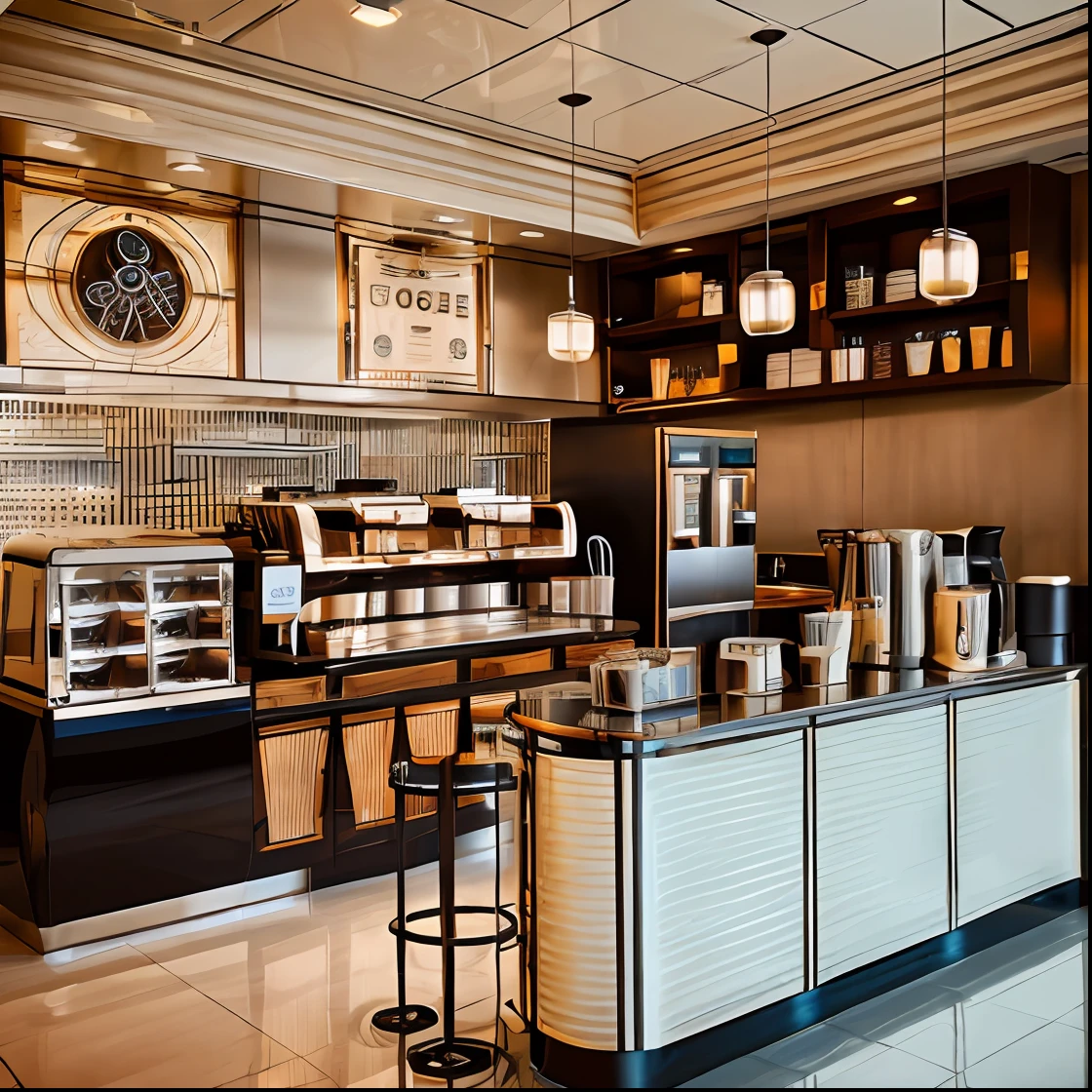 Coffee shop , art deco style , stainless steel , day light , luxury , minimalism design , hd 8k , details , light warm-up, sharpen details 8k, fullcolor , coffee machine