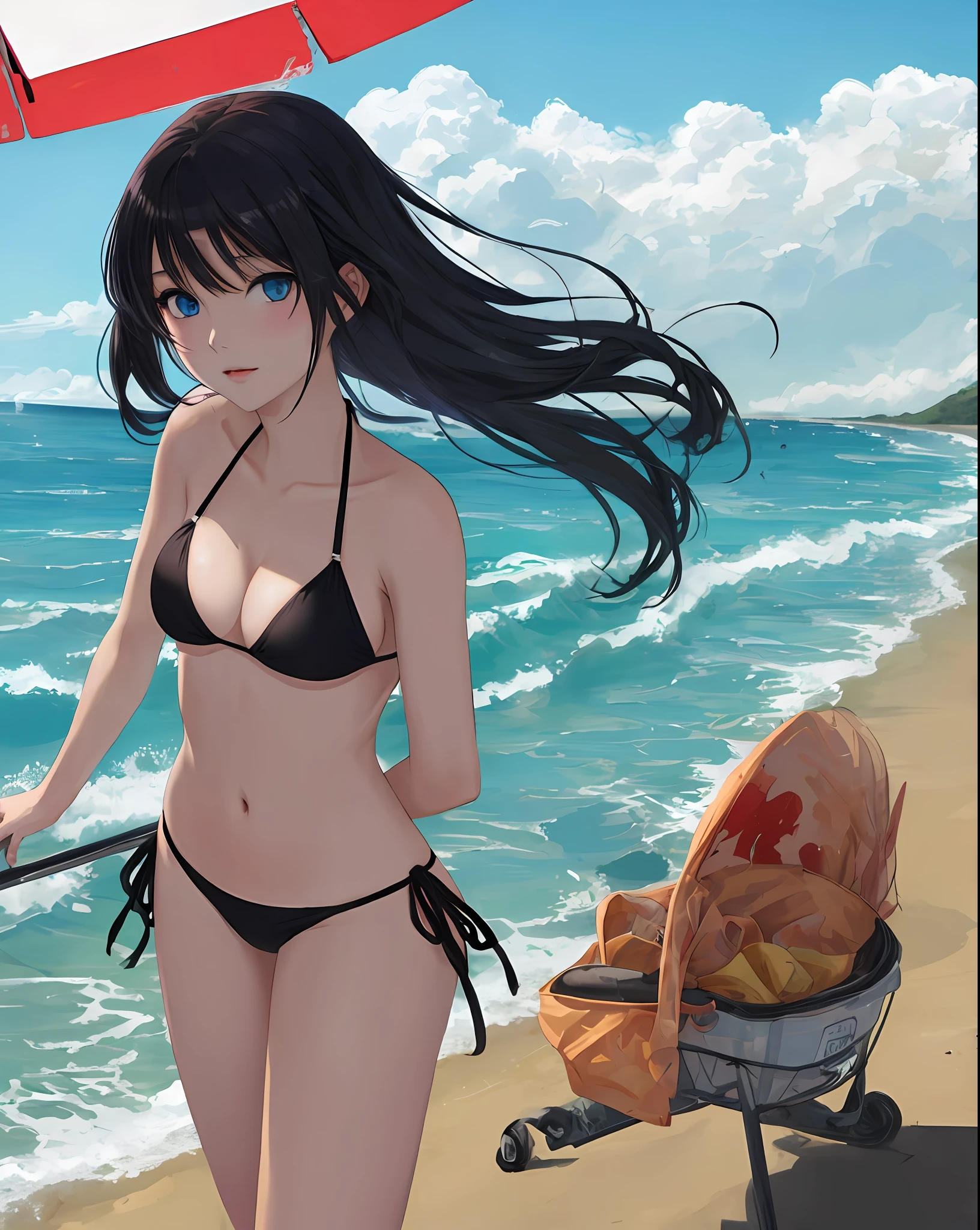 Anime girl with black hair and blue eyes in a bikini on the beach