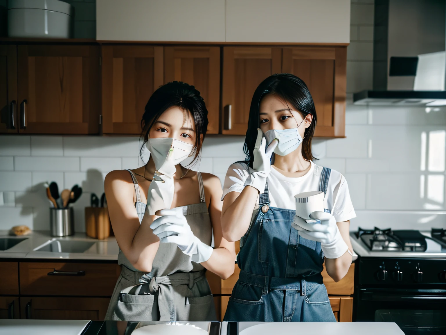 2 women wearing gloves,Hold the cleaner in hand,Focus on cleaning the range hood,face emphasis。