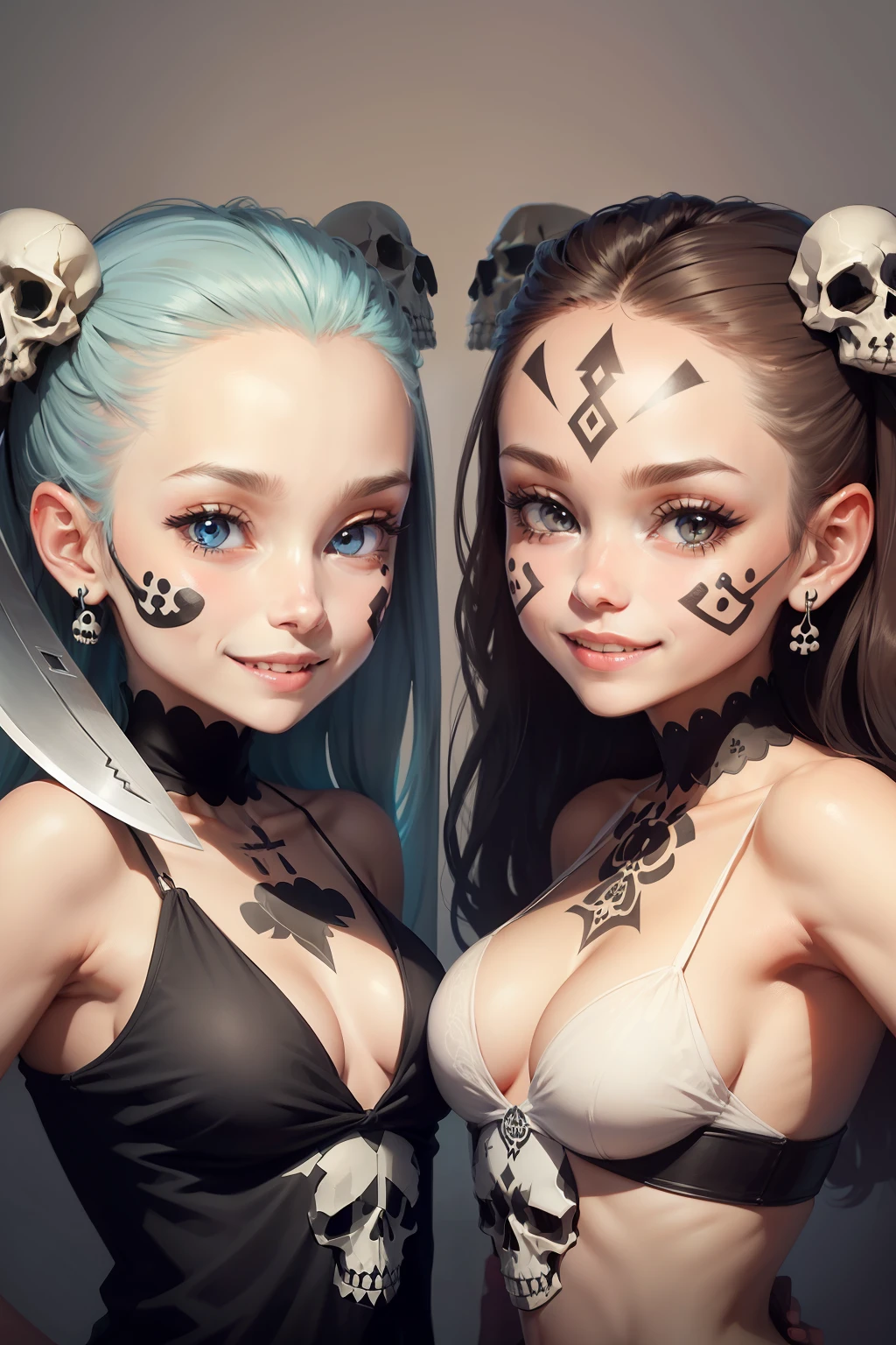 drawing of two skulls with a smile and a knife, three heads, skull faces, multiple faces, symmetrical face happy, symmetrical sticker design, 3 heads