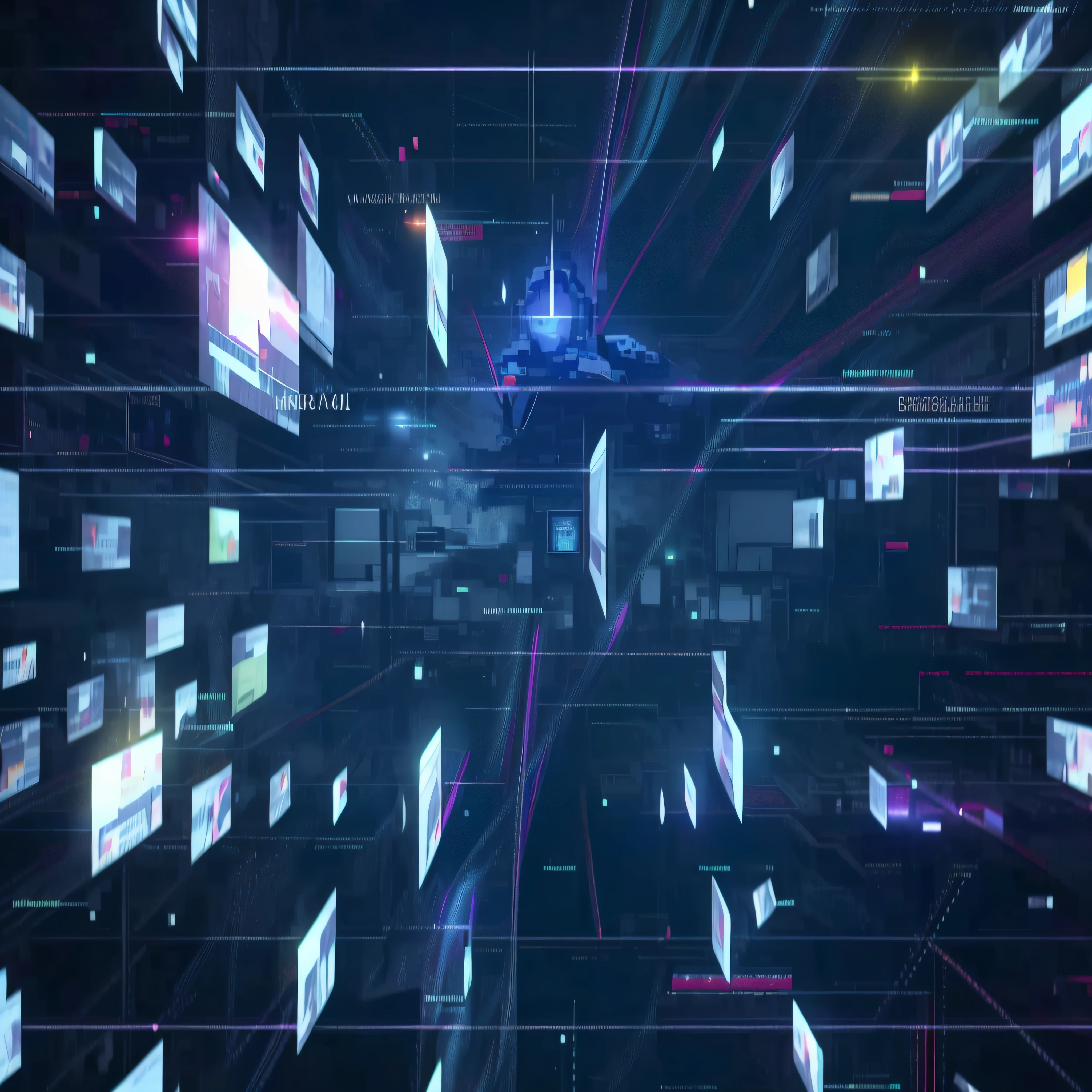 Dark background with many different TV screens, neon virtual networks, cyber space, Immerse yourself in a faulty network, digital walls, background of digital greebles, large cyberarrays data holograms, data holograms, Digital technology effects, video, explosion of data fragments, Cyber background, chaotic cinematic space rift, digital nodes, Montage in the shape of a grid