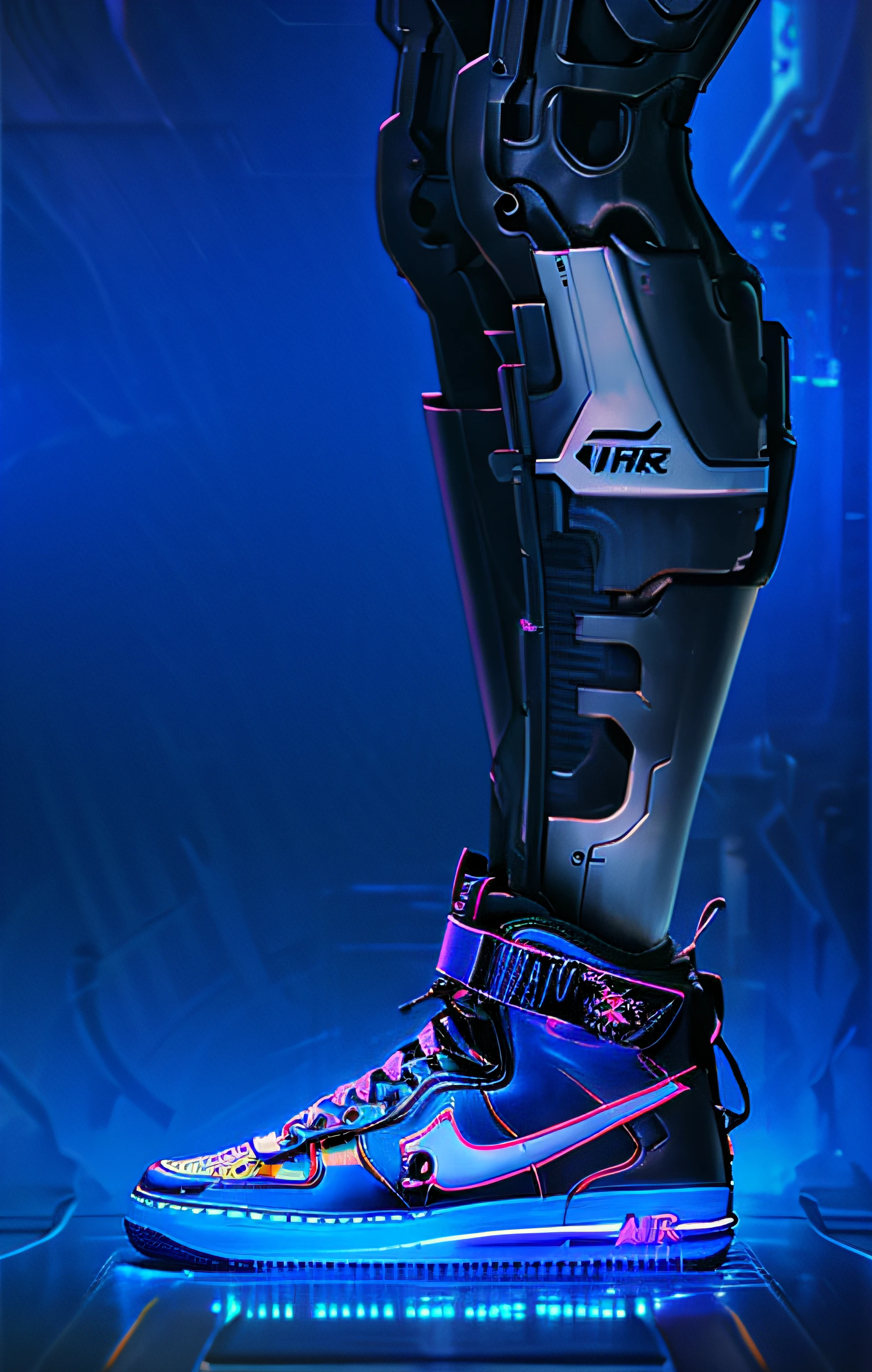 Nike Air Force High Pro, Zapatillas futuristas, Estilo de arte cyberpunk, Arte conceptual de zapatillas de baloncesto, Cybernetic Extremities, cybernetic legs, in the style of 80s science fiction art, Sombreado cyberpunk, Inspirado en mechas, Estilo cyberpunk ， Hiperrealista, Bajo detalle. Pintura digital, cyberpunk artstyle, Neon scales and cyborg technology, detailed cyberpunk illustration
