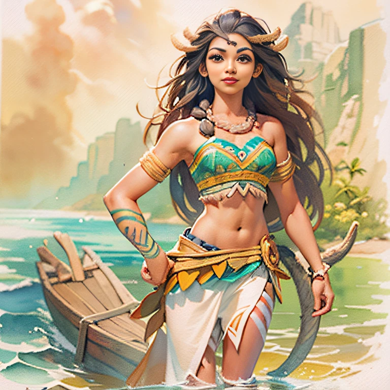 ((A watercolor and pencil drawing of a full-body woman dressed as Moana)) corpo proporcional, ((rosto da JujuBs)), Realistic facial features, (poros da pele), pele texturizada, analogue, grain of film, rosto detalhado, corpo magro em forma, corpo sexy, Filme: Moana - Um Mar de Aventuras, Polynesian Motonui, Walt Disney, alta resolução, studio lighting, detalhes complexos, hiperdetalhado , magnifica, elegante, (mulher de 36 anos)