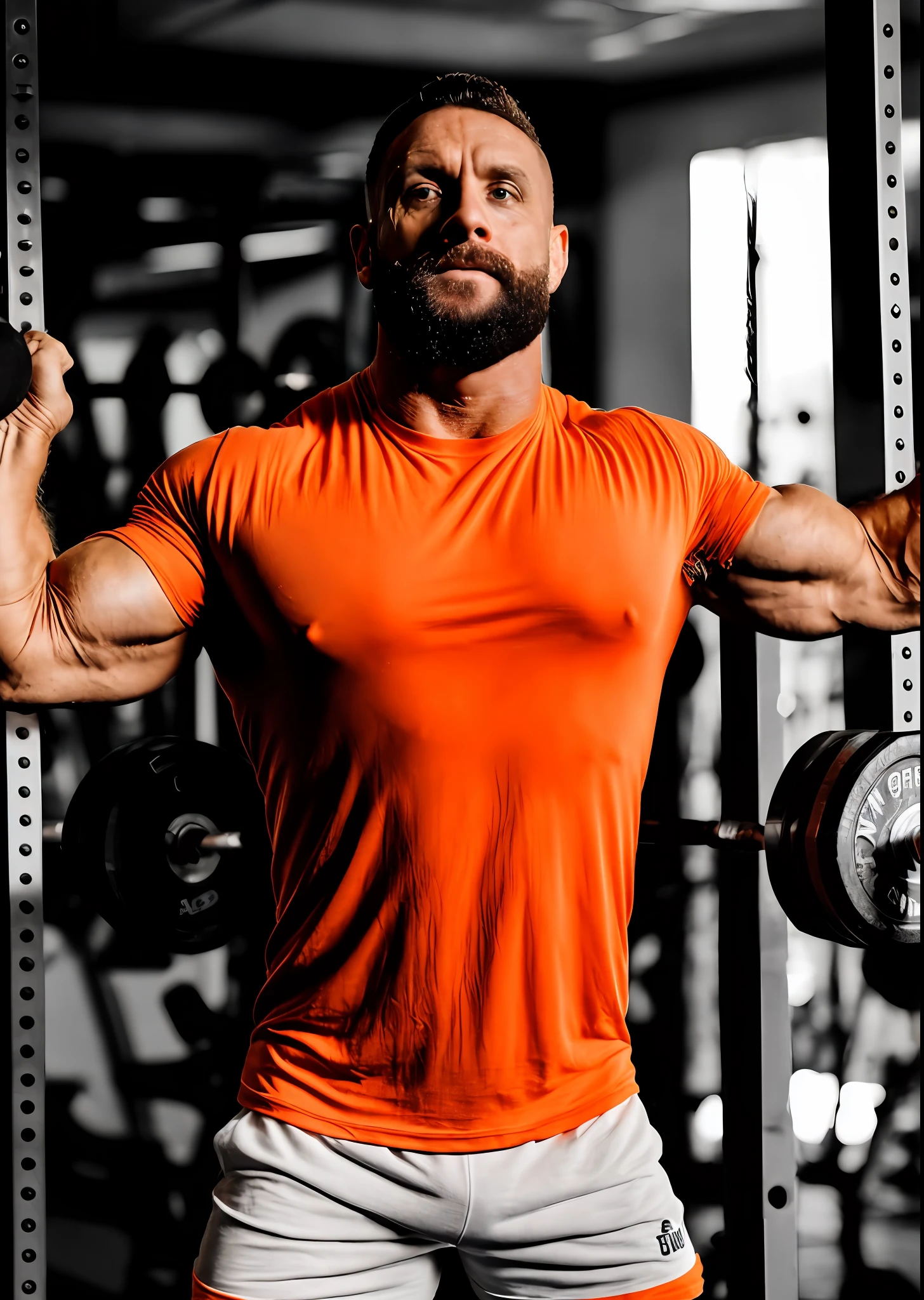 There is a strong man alone. He's personal training. 30 anos. It's in a bodybuilding gym. obvious biceps. Ele tem pele clara e olhos castanhos. He's wearing an orange T-shirt. Fundo escuro com algumas luzes e leds. realista. sharp photo. 8k