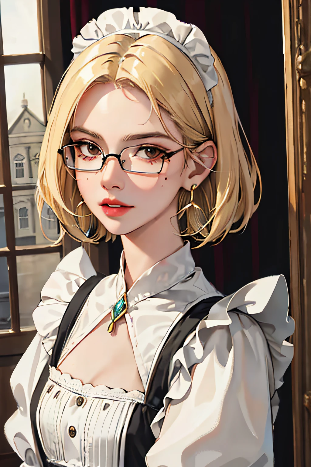 (masterpiece:1.2, best quality), (real photo, intricate detail), solo, 1milf, house, close-up of face, maid outfit, (front focus), large round earrings , wearing glasses, has a small mole under her eyelid right cheekbones, look at me, bangs, short hair, blonde hair, layered hair