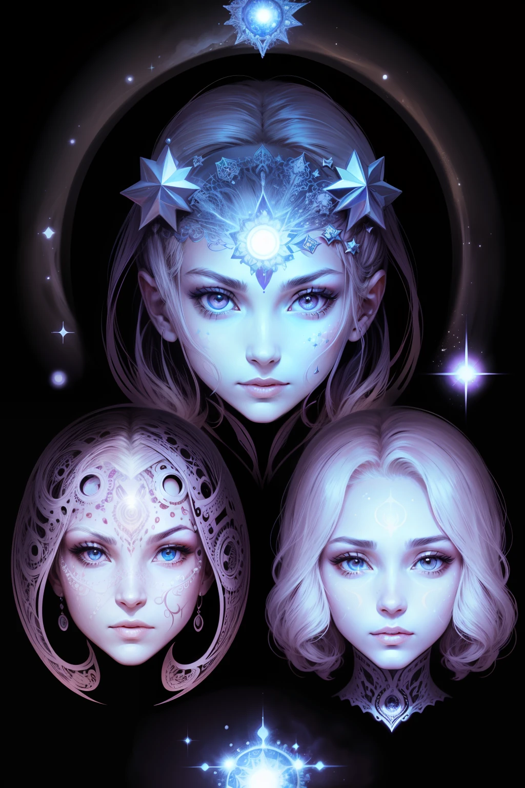 a drawing of three faces with different faces and a star, multiple faces, face melting into the universe, fractal face, cybernetic faces, intricate faces