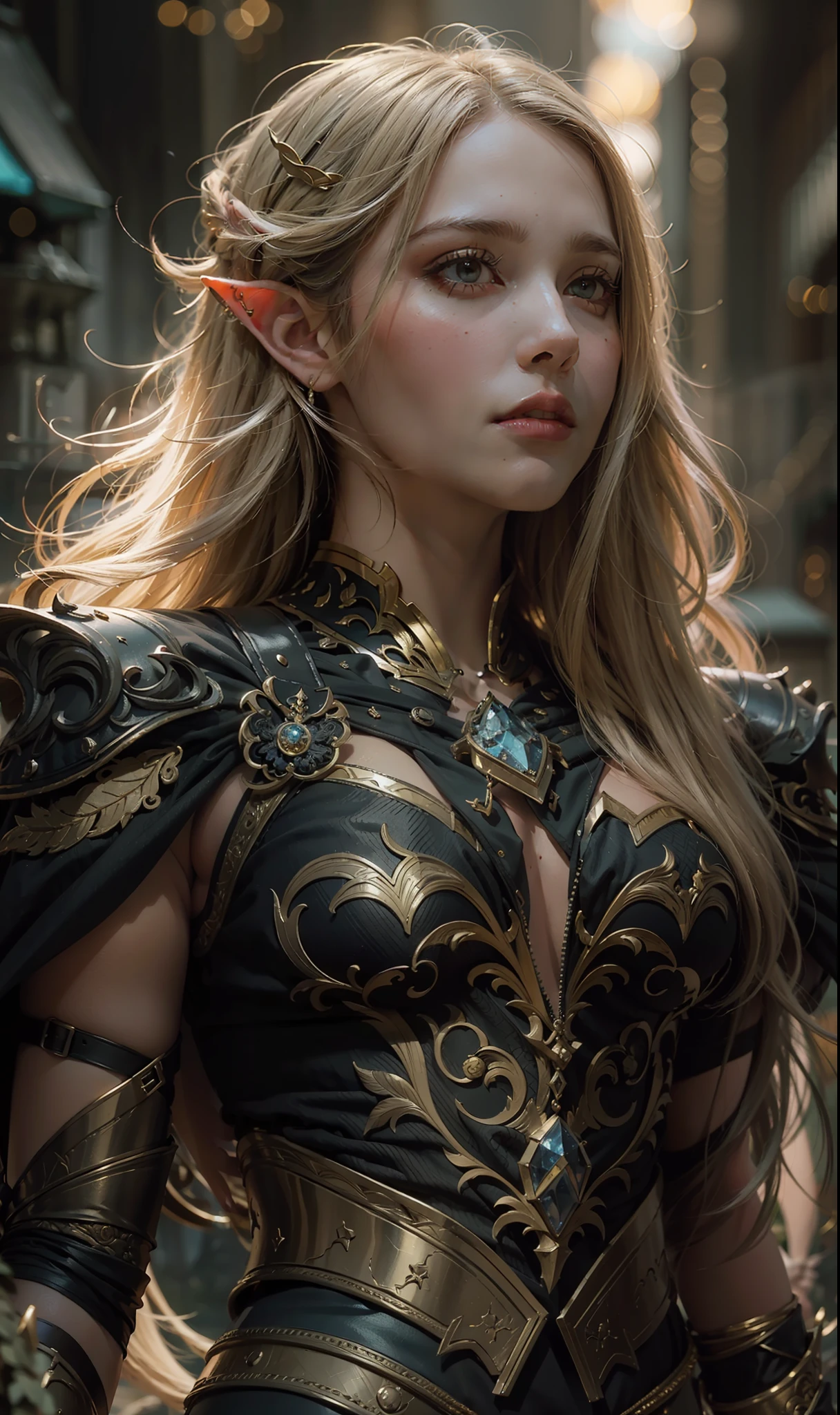 Beautiful painting of perfect female elf warrior, shapeless long hair, perfect features, (wearing black and gold ornate elven armor), abstract beauty, near perfection, pure form, dynamic pose, ethereal background, (deep dark shadows), (strong cinematic lighting), (back lighting), concept art by Greg Rutkowski and John William Waterhouse and Alphonse Mucha, intricate detail, 8k post-production, High resolution, super Detail, trending on ArtStation, sharp focus, depth of field f/1.8, studio photos, (((looking at camera))).
