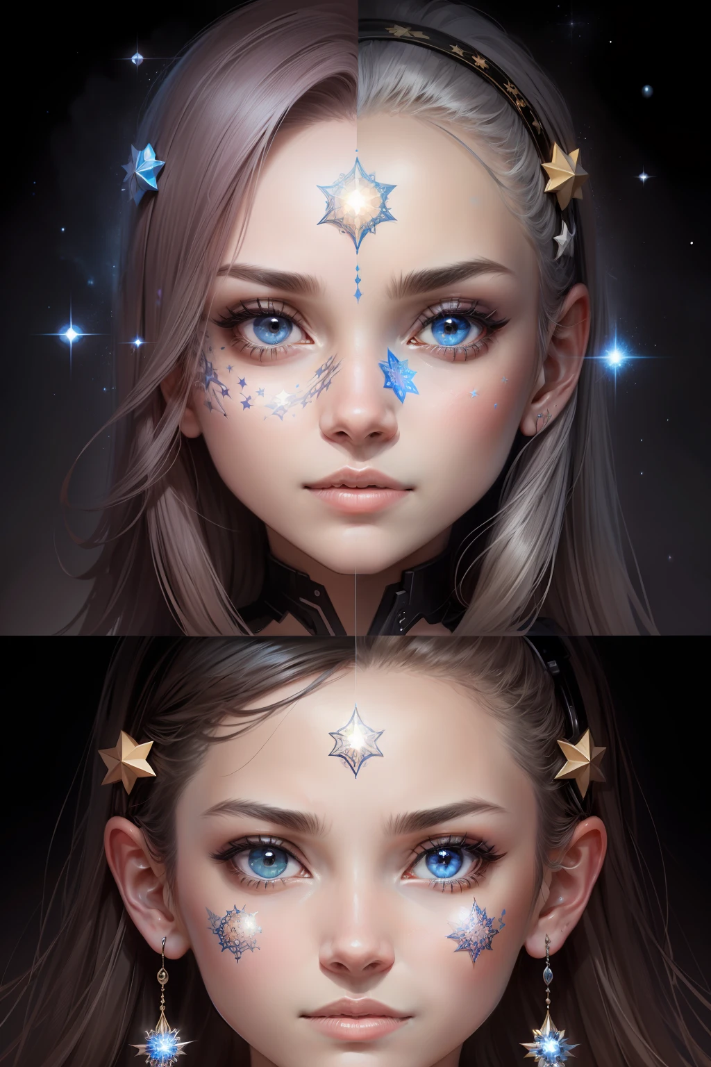 a drawing of three faces with different faces and a star, multiple faces, face melting into the universe, fractal face, cybernetic faces, intricate faces