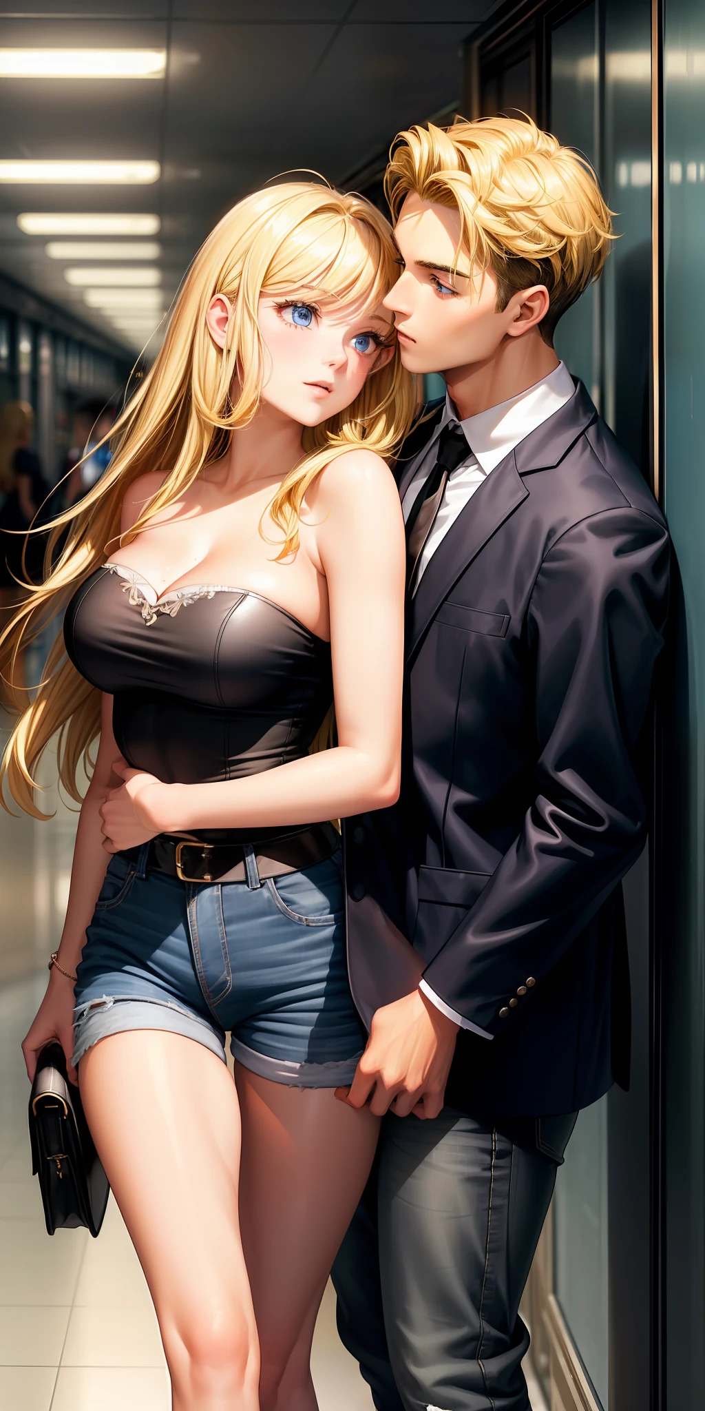 ((couple kissing in the school hallway)) romantic mood, big breasts, 1girl, ((blonde hair)) ((girl)), blue eyes, hyperdetailed eyes, has an extremely sexy body, with big breasts and a small waist, and an extremely sexy body, strapless blouse, short shorts. ((1 boy)) ((black hair)) wearing a blazer, long jeans,