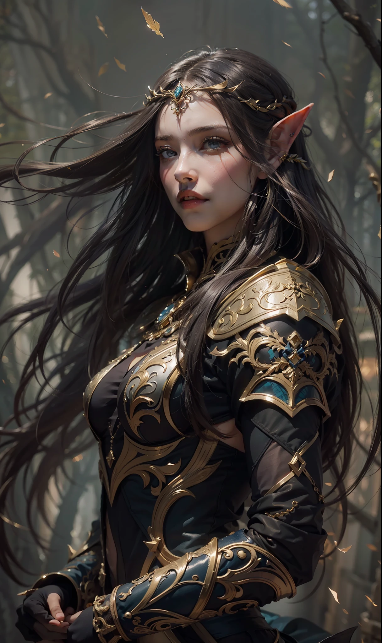 Beautiful painting of perfect female elf warrior, shapeless long hair, perfect features, (wearing black and gold ornate elven armor), abstract beauty, near perfection, pure form, dynamic pose, ethereal background, (deep dark shadows), (strong cinematic lighting), (back lighting), concept art by Greg Rutkowski and John William Waterhouse and Alphonse Mucha, intricate detail, 8k post-production, High resolution, super Detail, trending on ArtStation, sharp focus, depth of field f/1.8, studio photos, (((looking at camera))).
