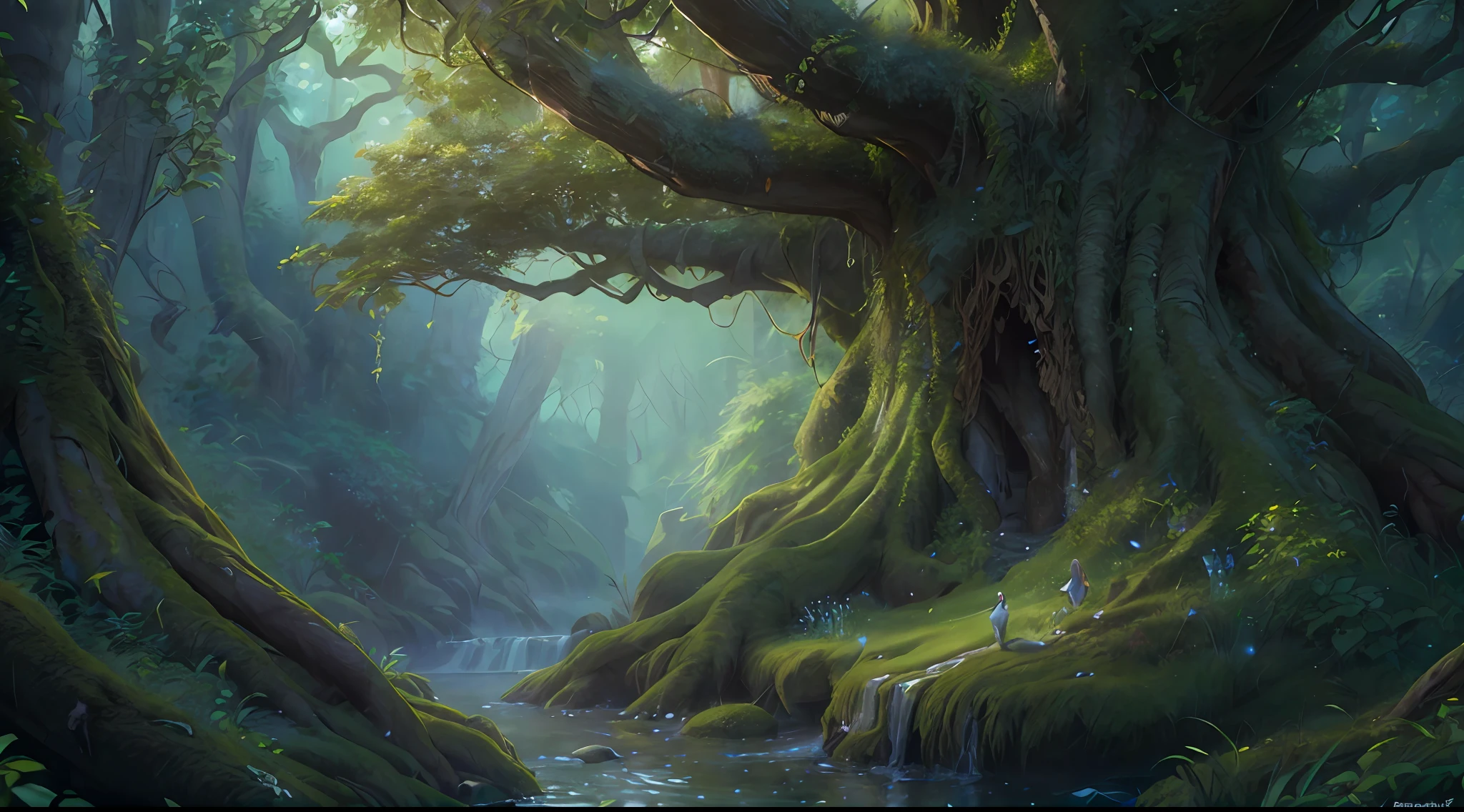 high details, best quality, 8k, [ultra detailed], masterpiece, best quality, (extremely detailed), dynamic angle, ultra wide shot, photorealistic, fantasy art, dnd art, rpg art, realistic art, an ultra wide picture of druid grove in a fantasy forest and its druid observing all, a fantasy forest (intricate details, Masterpiece, best quality: 1.5), many trees, a stream of water (intricate details, Masterpiece, best quality: 1.5), waterfall (intricate details, Masterpiece, best quality: 1.5), human female druid, full body (intricate details, Masterpiece, best quality: 1.5), exquisite beautiful woman druid (intricate details, Masterpiece, best quality: 1.5), ultra detailed face (intricate details, Masterpiece, best quality: 1.6), black hair, long hair, wavy hair (intricate details, Masterpiece, best quality: 1.5), dynamic eyes color, fair skin, wearing blue cloak (intense details, Masterpiece, best quality: 1.5), green robe (intricate details, Masterpiece, best quality: 1.5), cinematic light, pastoral atmosphere, divine light (intricate details, Masterpiece, best quality: 1.5), gods rays,