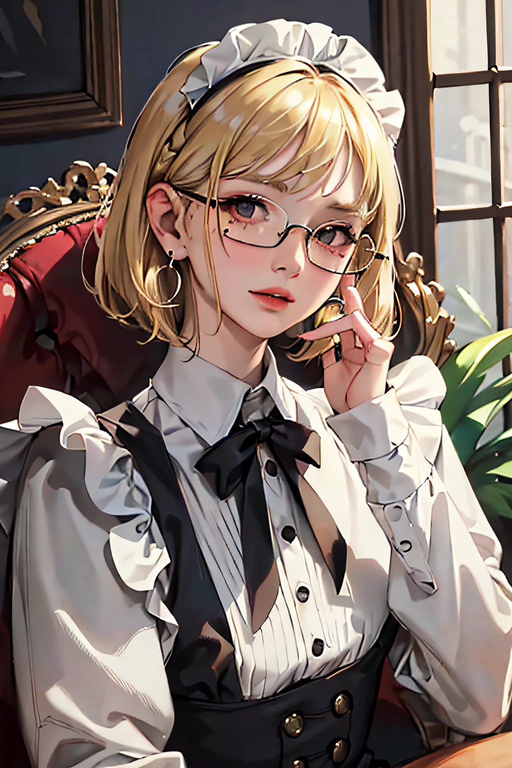 (masterpiece:1.2, best quality), (real photo, intricate detail), solo, 1milf, house, close-up of face, maid outfit, (front focus), large round earrings , wearing glasses, has a small mole under her eyelid right cheekbones, look at me, bangs, short hair, blonde hair, layered hair