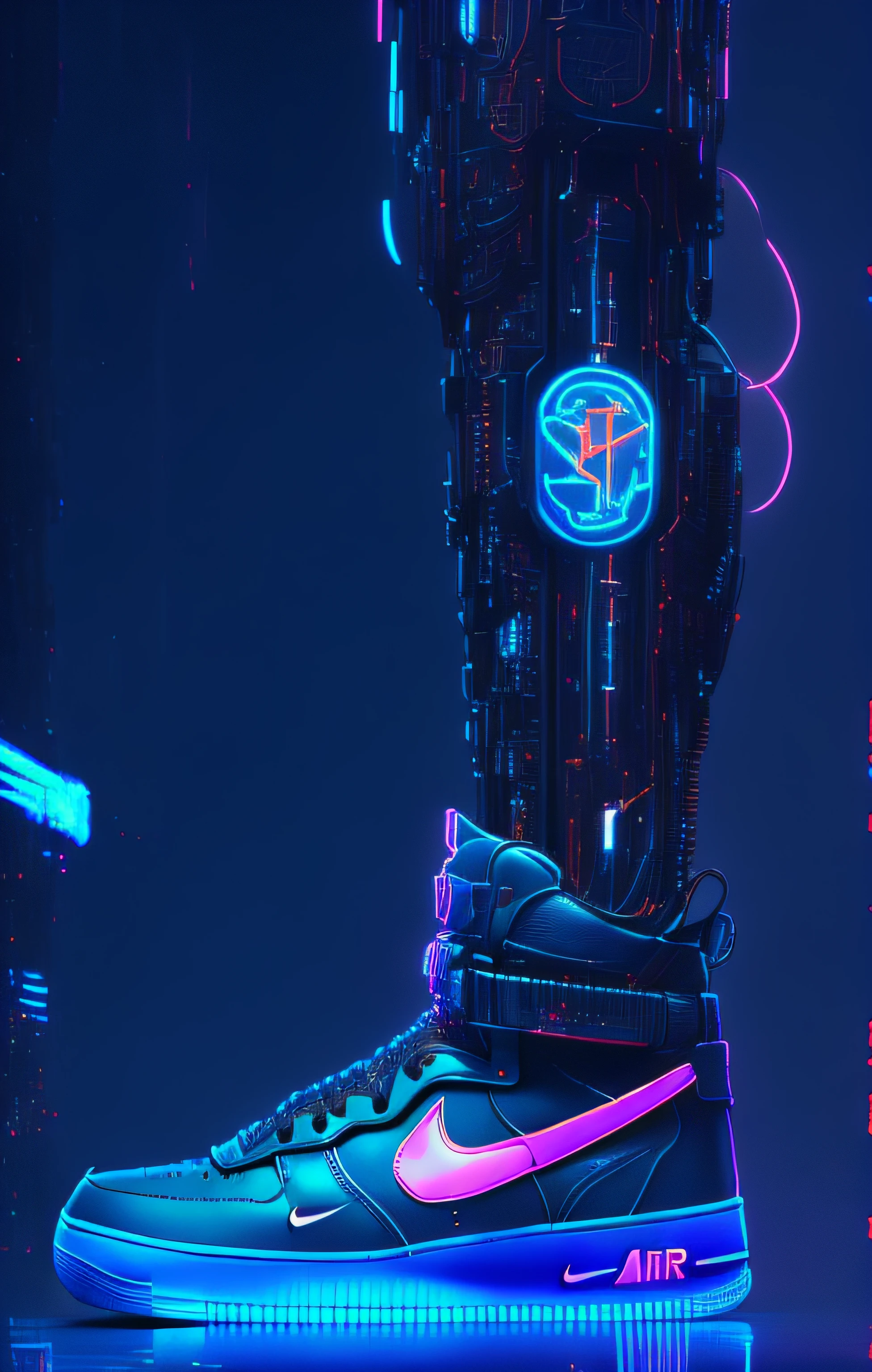 Nike Air Force High Pro, Zapatillas futuristas, Estilo de arte cyberpunk, Arte conceptual de zapatillas de baloncesto, Cybernetic Extremities, cybernetic legs, in the style of 80s science fiction art, Sombreado cyberpunk, Inspirado en mechas, Estilo cyberpunk , Hiperrealista, Bajo detalle. Pintura digital, cyberpunk artstyle, Neon scales and cyborg technology, detailed cyberpunk illustration