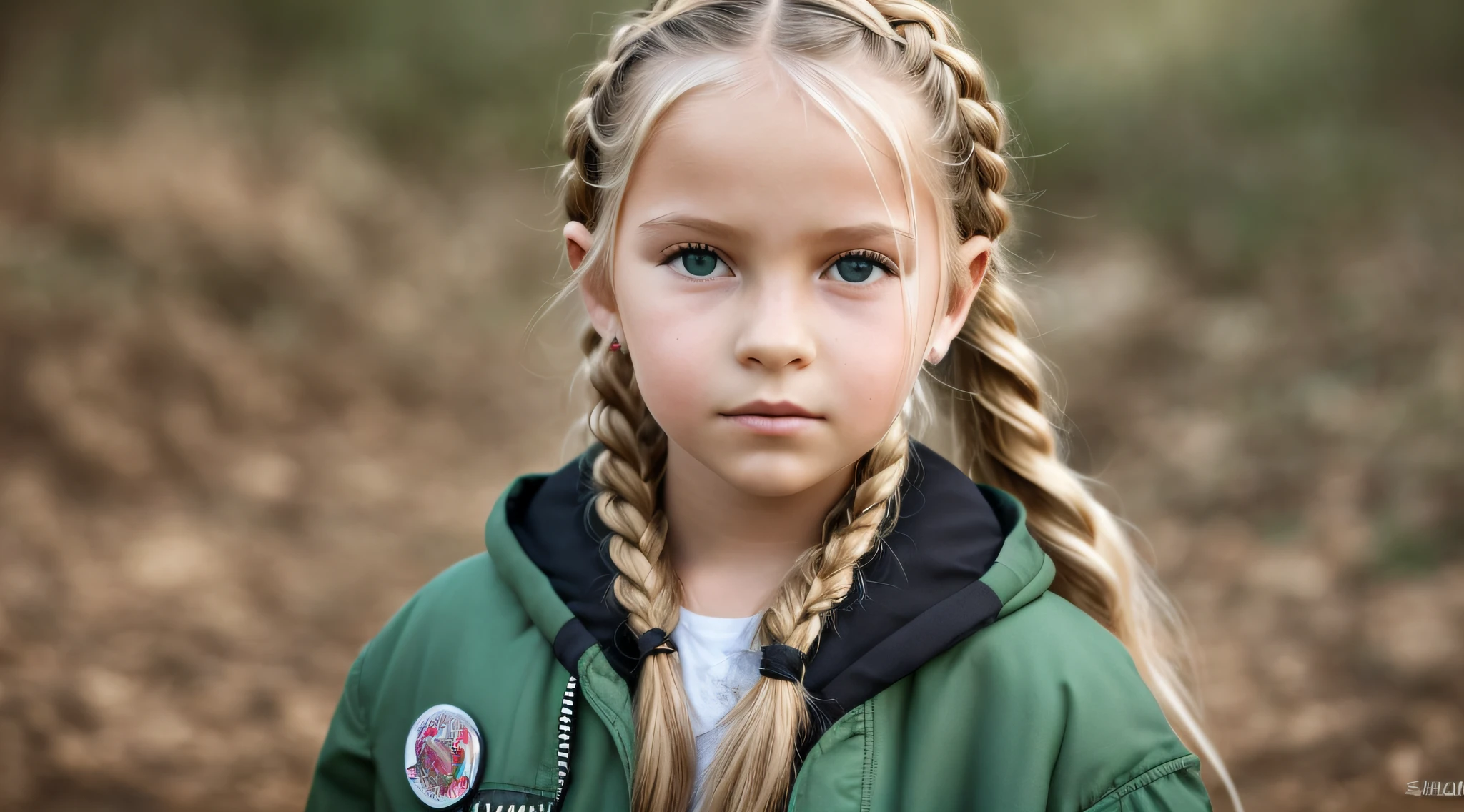Girl child , Russian blonde in braids, portrait, com roupa de jaqueta de couro green E CHAPEU DE BRUXA , fundo de bolas de fogo verde. --auto --s2