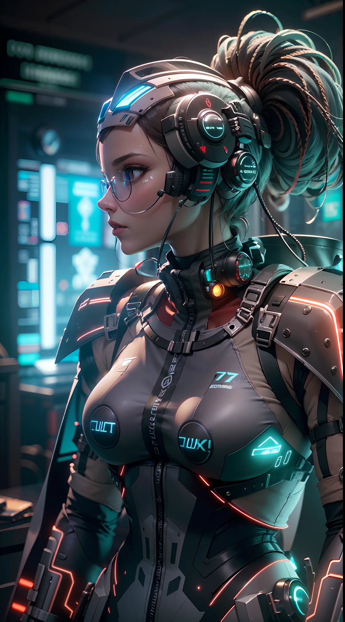 ((Best quality)), ((masterpiece)), (highly detailed:1.3), 3D,rfktr_technotrex, beautiful cyberpunk woman with voluminous hair,(wearing head-mounted display that is chunky and hi-tech:1.2),hacking a computer terminal, computer servers, LCD screens, fiber optic cables, corporate logos (High Dynamic Range),Ray Tracing, NVIDIA RTX, Super-Resolution,Unreal 5,Subsurface scattering Texturing, Post-processing, Anisotropic Filtering,Depth-of-field,Maximum clarity and sharpness,Multi-layered textures, Albedo and Specular maps, Surface shading, Accurate simulation of light-material interaction, Perfect proportions, Octane Render,Two-tone lighting, Low ISO, White balance, Rule of Thirds, Wide aperature,8K RAW, Efficient Sub-Pixel,sub-pixel convolution, luminescent particles, light scattering, Tyndall effect