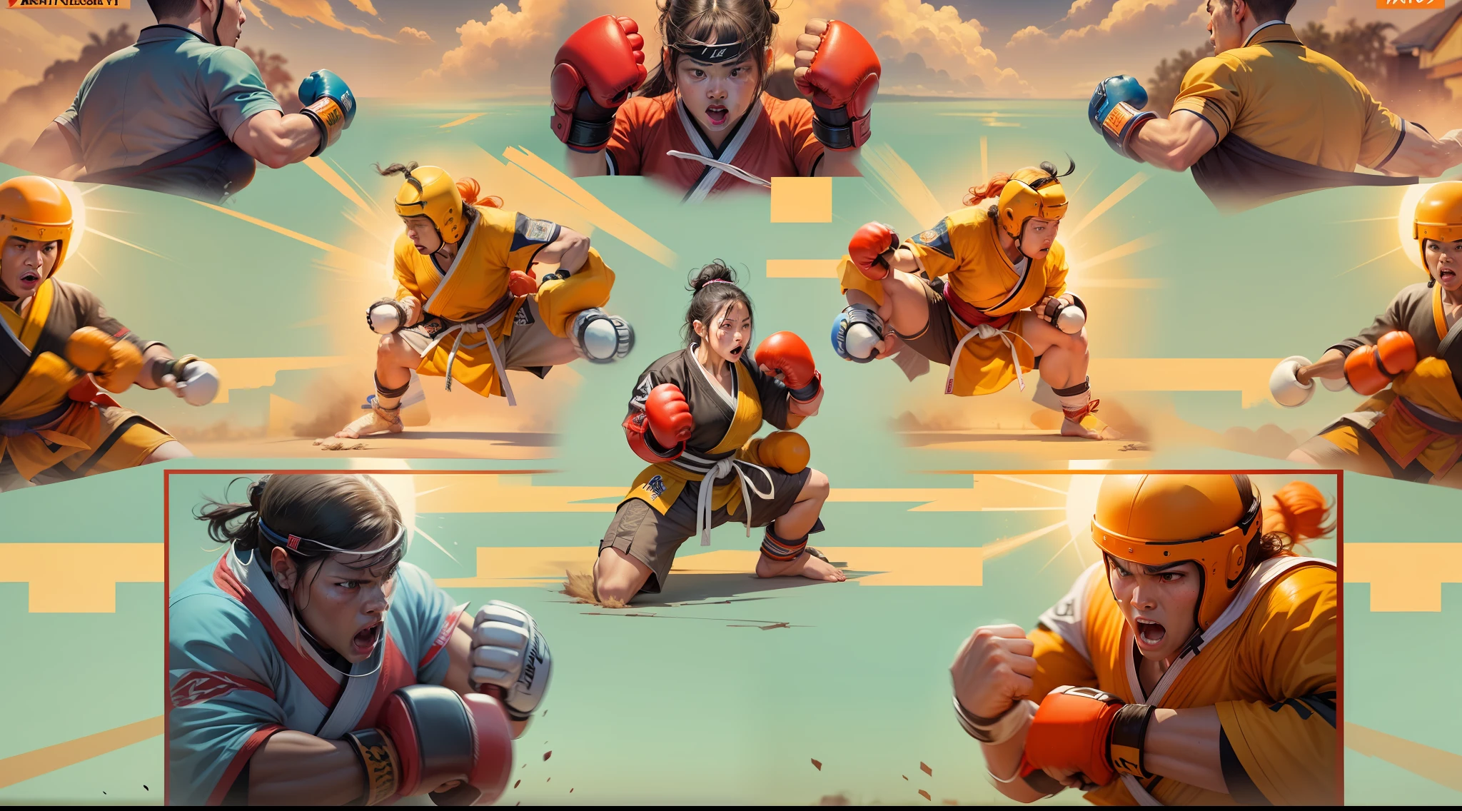 The background is sunset, Martial arts, Sparring, hand to hand combat, Kickboxing, Fighting posture, action fight, Fighting stance, Fight, warriors, violently fist fighting, doing martial arts, intense battles, in a fighting pose, KARATE, people fighting, fights, fighting against eachother, karate kick, in a fighting stance, Fighting, 16k, 16k, 4K, best quality, high details, super detail, high quality